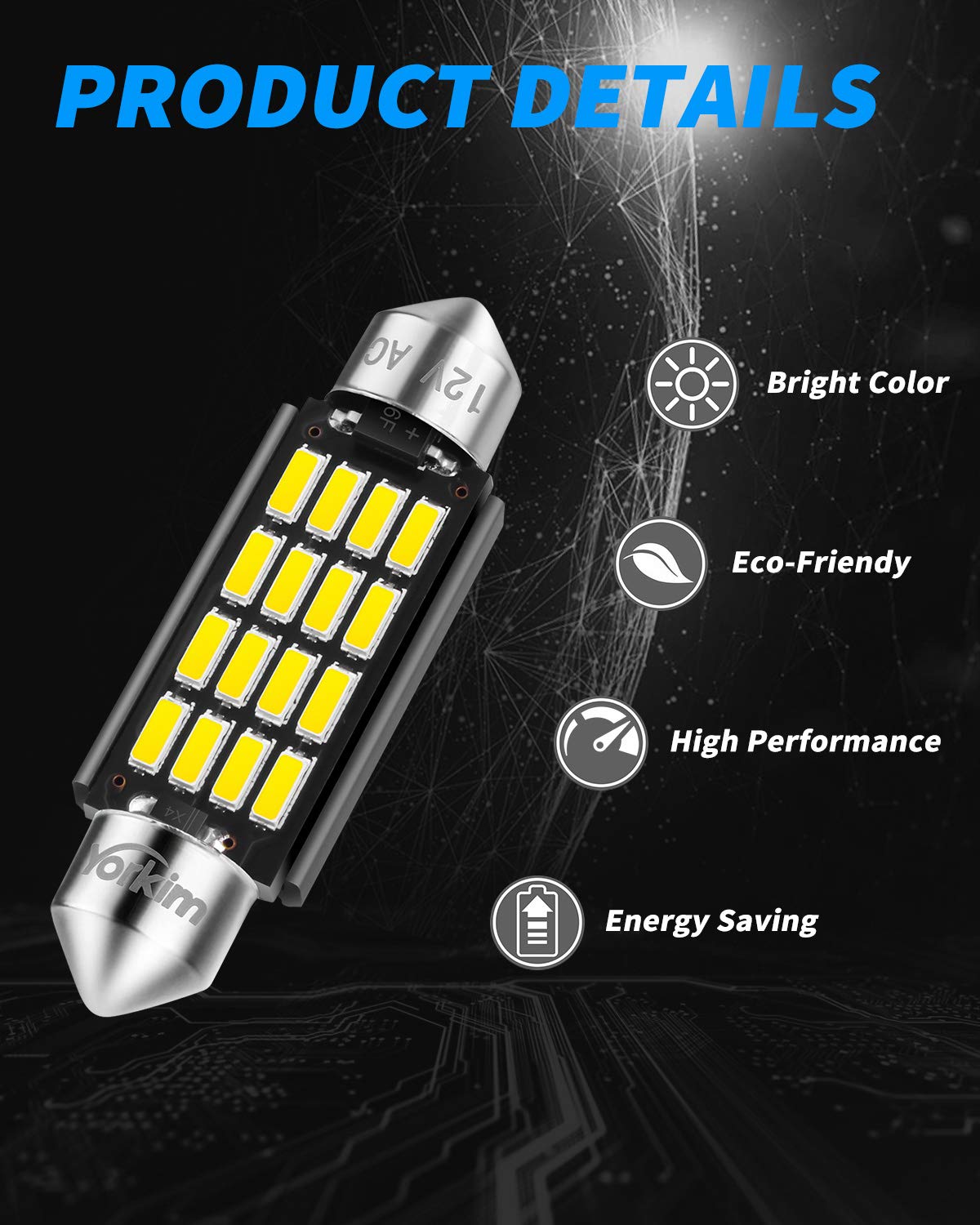 Yorkim Festoon LED Bulb 42mm 16-SMD 4014 Chipset White Pack of 2