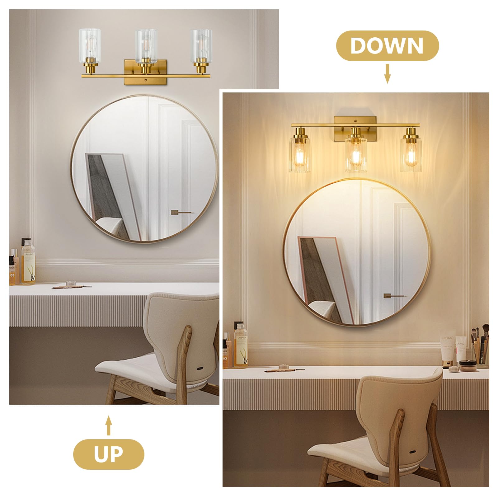Jonsi 3-Light Gold Bathroom Vanity Light Fixtures, Brushed Gold with Fluted Glass Shade, Model X003W-3AGB, 23.5 Inch