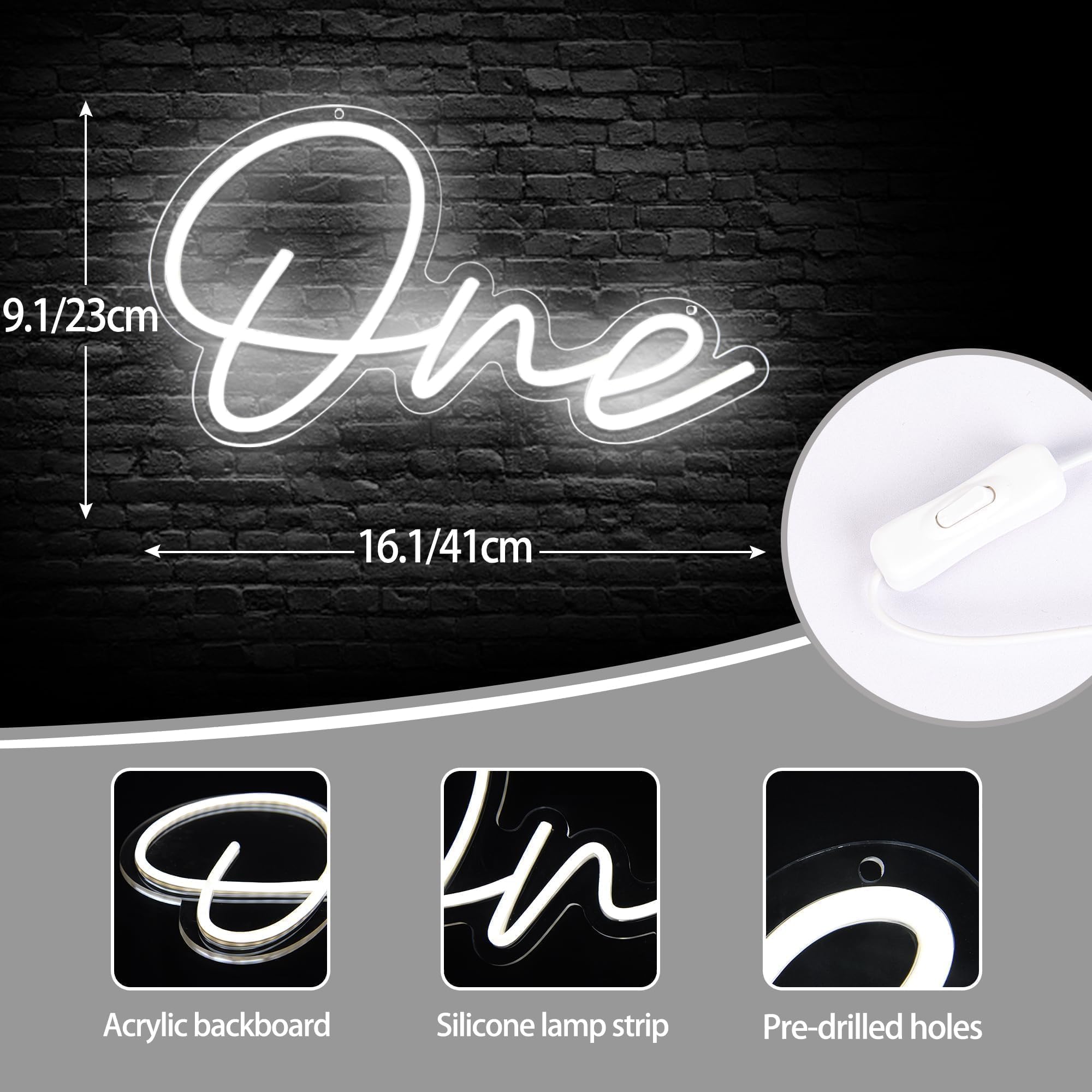 attneon One LED Neon Sign for Wall Decor, 16.1x9.1 Inch, White Acrylic, First Birthday, Wedding, Baby Shower