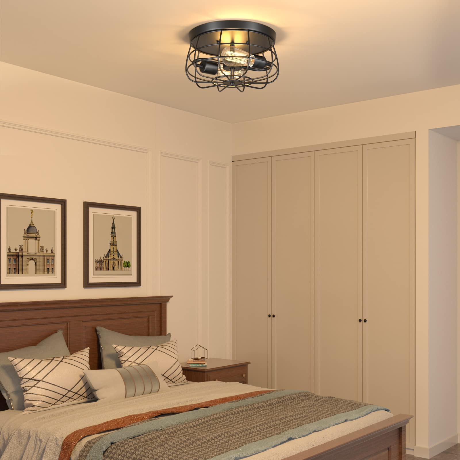 Lomoky 2-Light Industrial Ceiling Light Fixture, Vintage Black Metal, 6.3in High, Flush Mount for Living Room, Kitchen, Bedroom