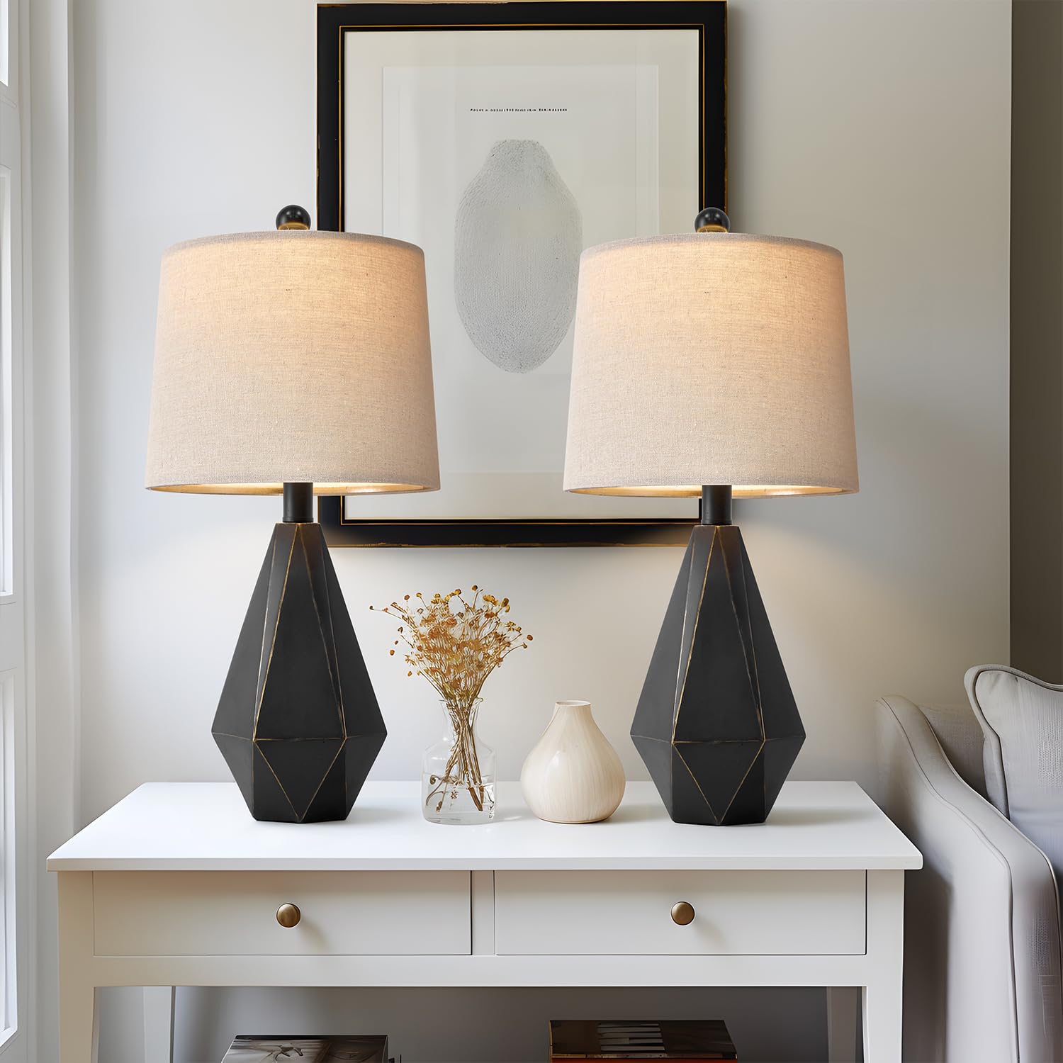 PoKat Table Lamps Set of 2, 20.25'' Black Farmhouse Bedside Lamps for Bedroom and Living Room