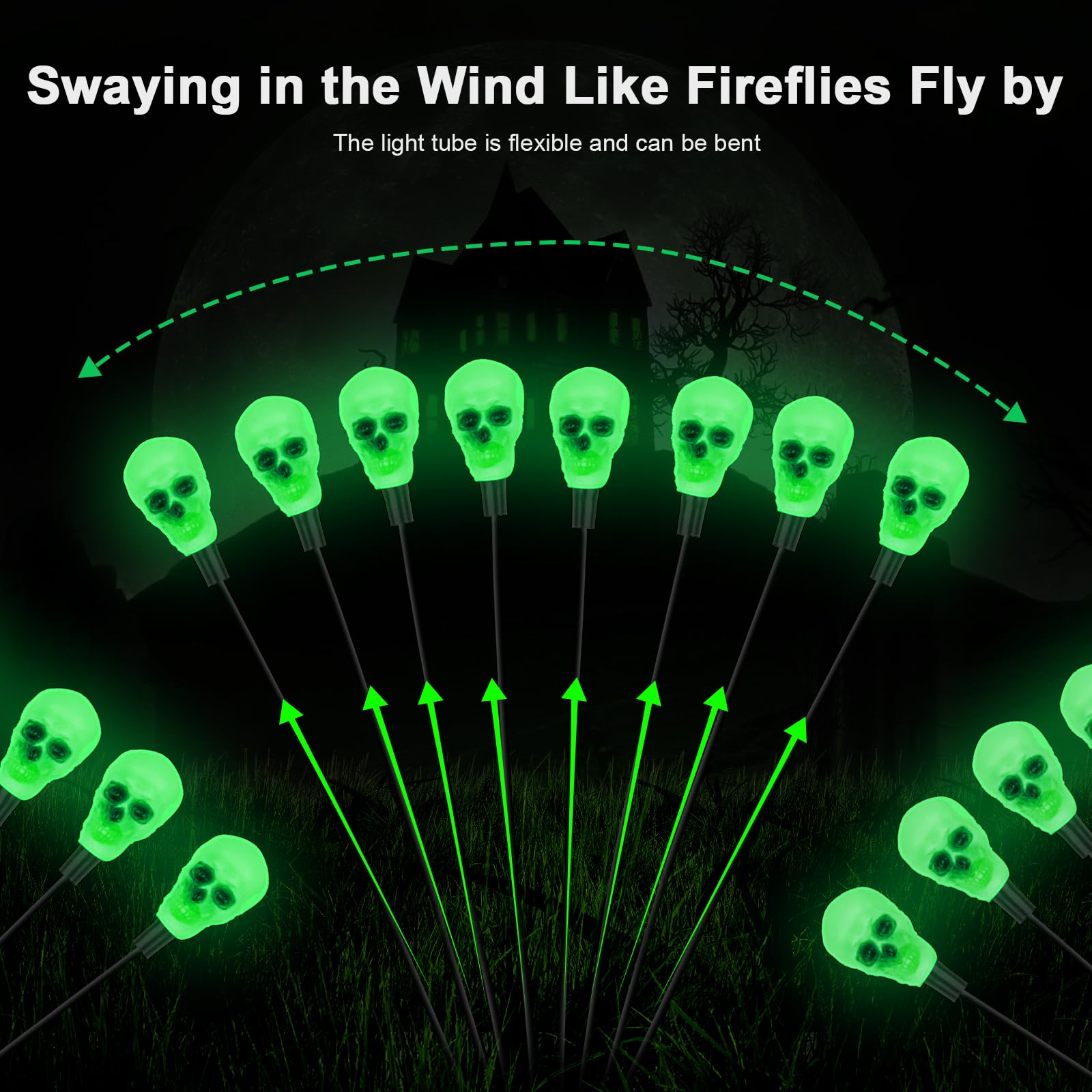 2Packs Halloween Decorations Outdoor Scary Solar Skull Lights,16Led Green Skull Swaying Firefly Lights,Waterproof Solar Halloween Path Lights For Yard/Garden/Lawn/Party Decor (Skull)