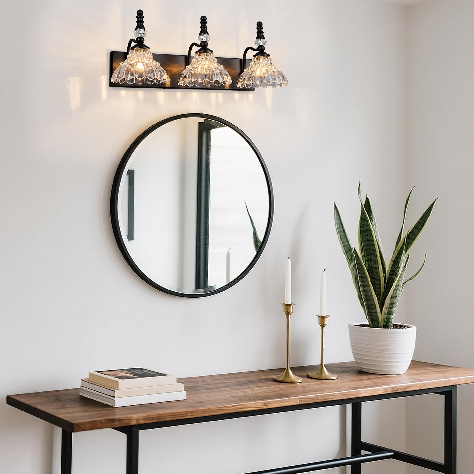 Lbsqj Vintage Bathroom Vanity Light  3-Light Black Vanity Lighting Fixture With Flower Glass Shade  Bathroom Lighting Fixtures Over Mirror