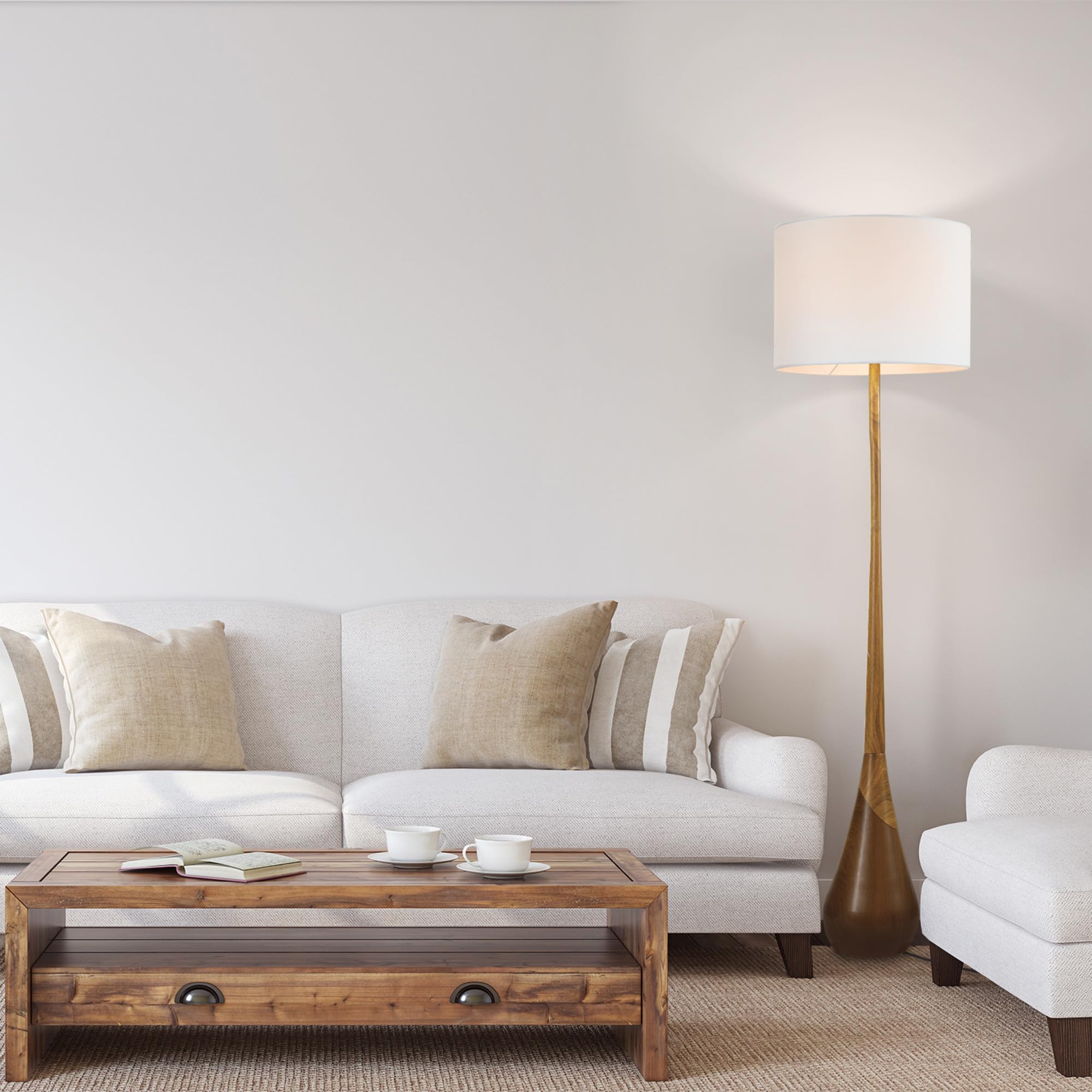 Globe Electric 65in Floor Lamp, Faux Wood Base, White Fabric Shade, Model 67225