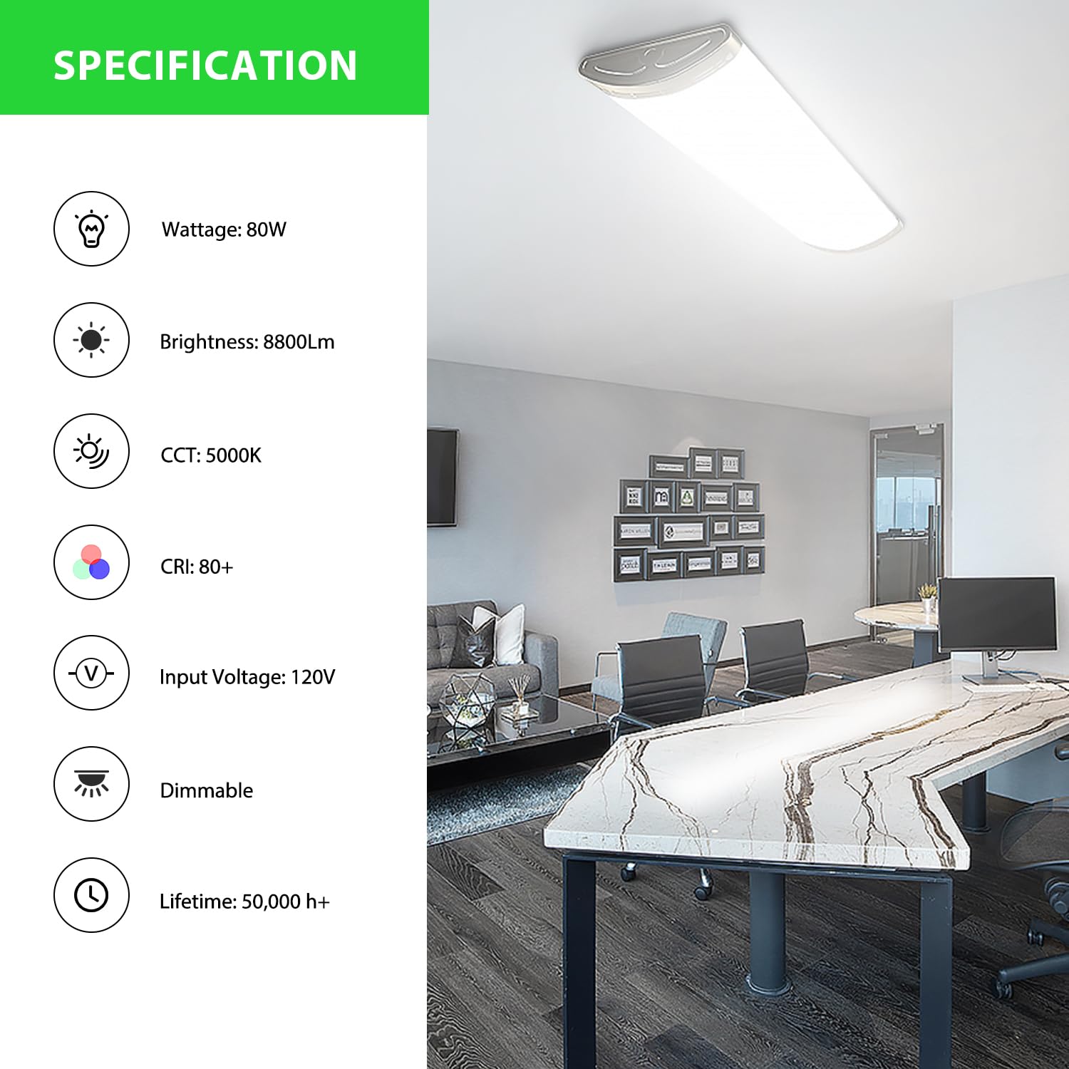 TychoLite 4ft LED Light Fixture Dimmable 80W 8800lm Linear Flush Mount 5000K Daylight White, Metal - 1 Pack