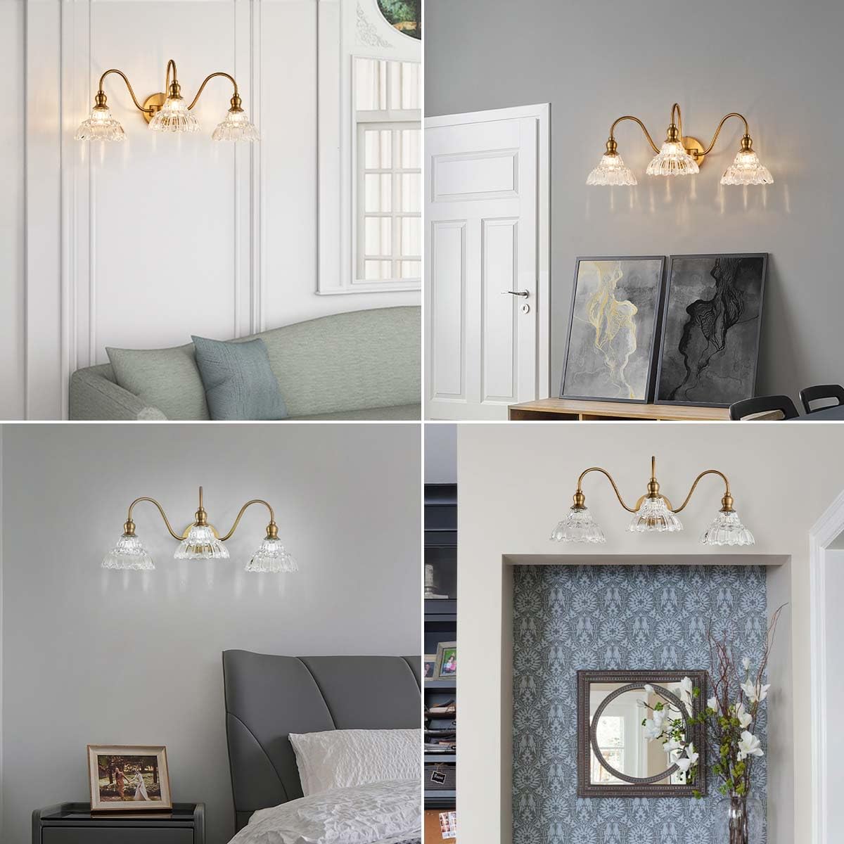 TLOLGT Vintage 3-Light Brass Wall Sconce - Retro Glass Bathroom Vanity Light Fixture, Model XZ-W111-3