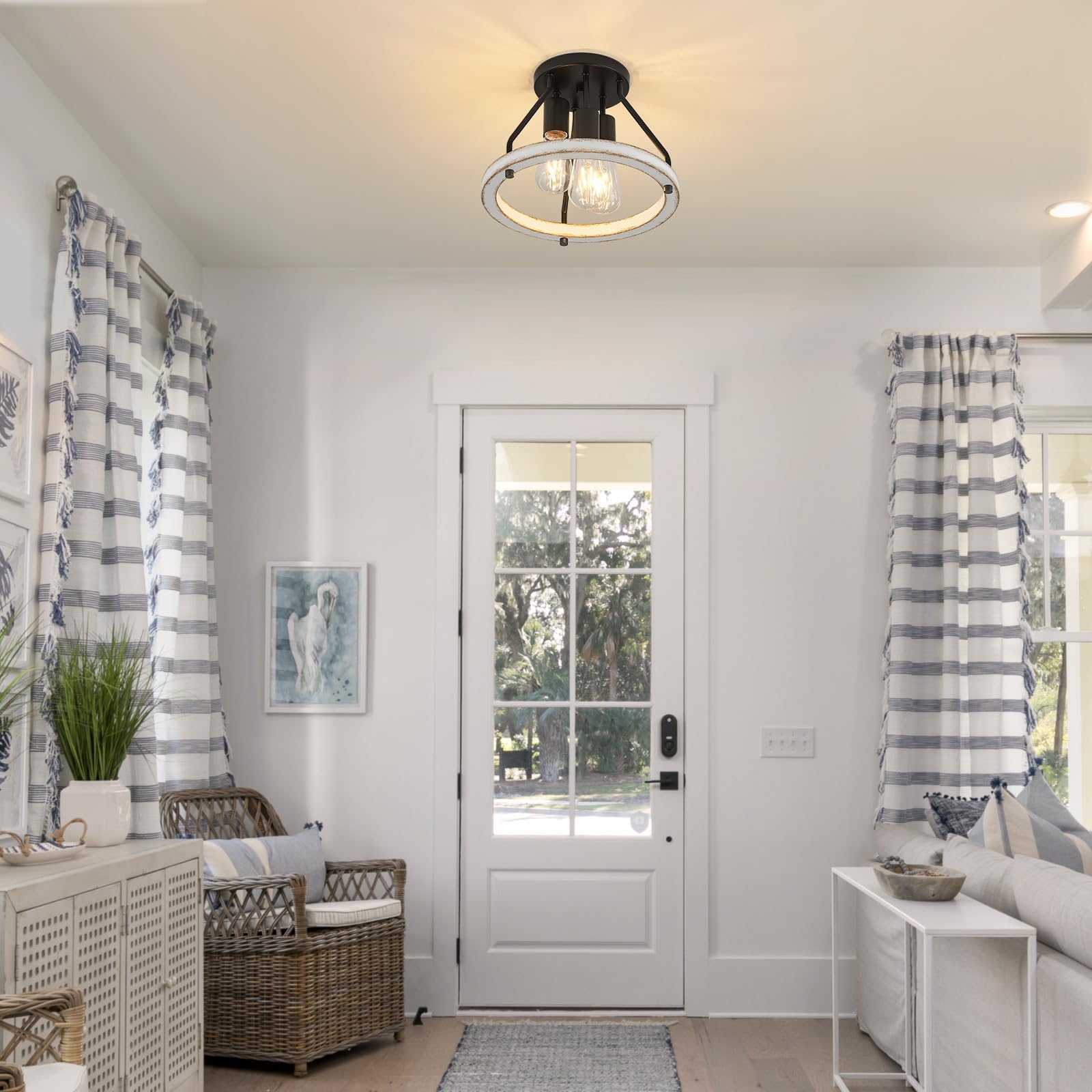 Rustic Flush Mount Ceiling Light Fixture With Oak White Wood Circle Shade Farmhouse Mini Semi Ceiling Lamps For Hallway Entryway
