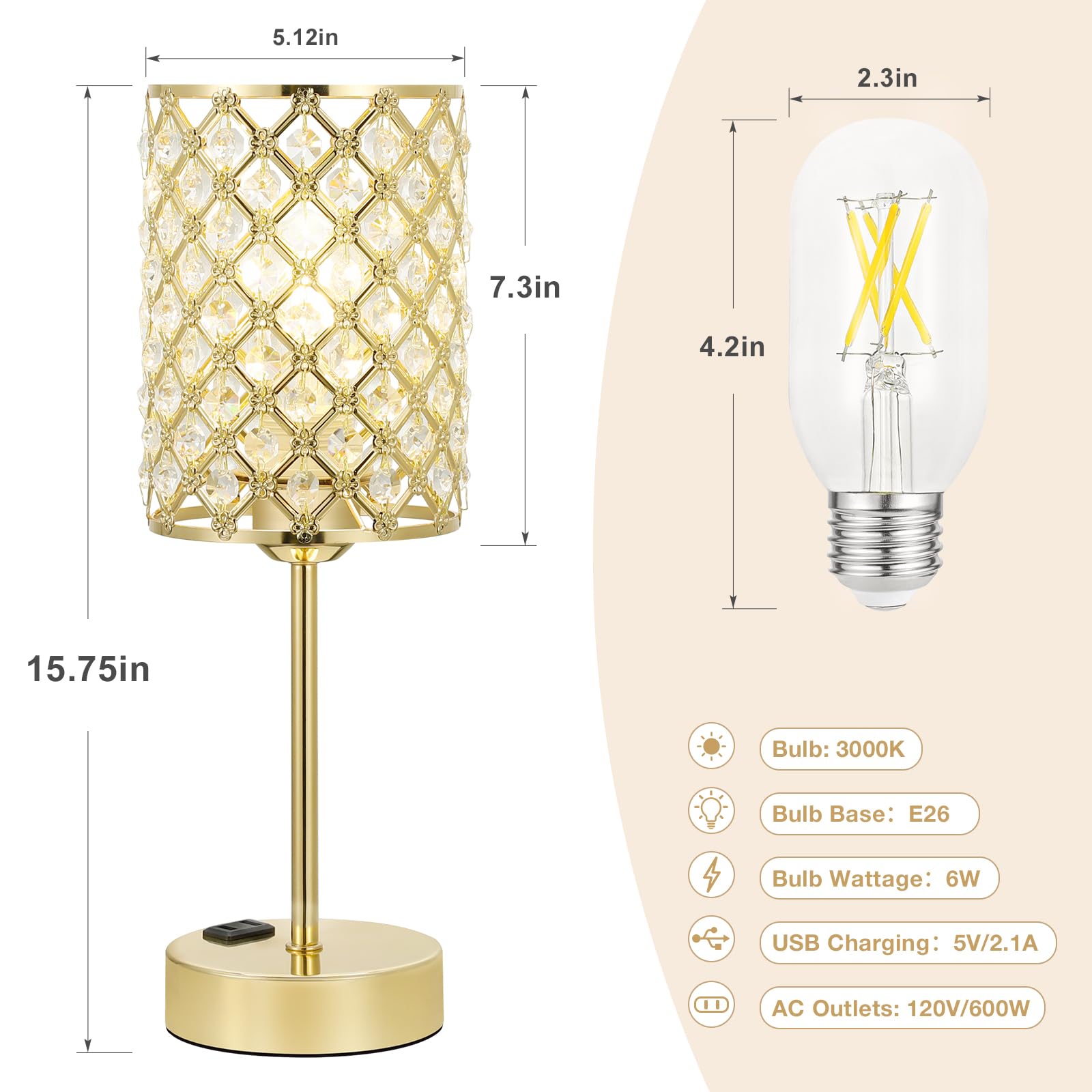 Gold Lamp For Nightstand-Crystal Table Lamp With Usb-C+A & Ac Charging Ports, 3-Way Dimmable Nightstand Touch Lamp, Bedside Desk