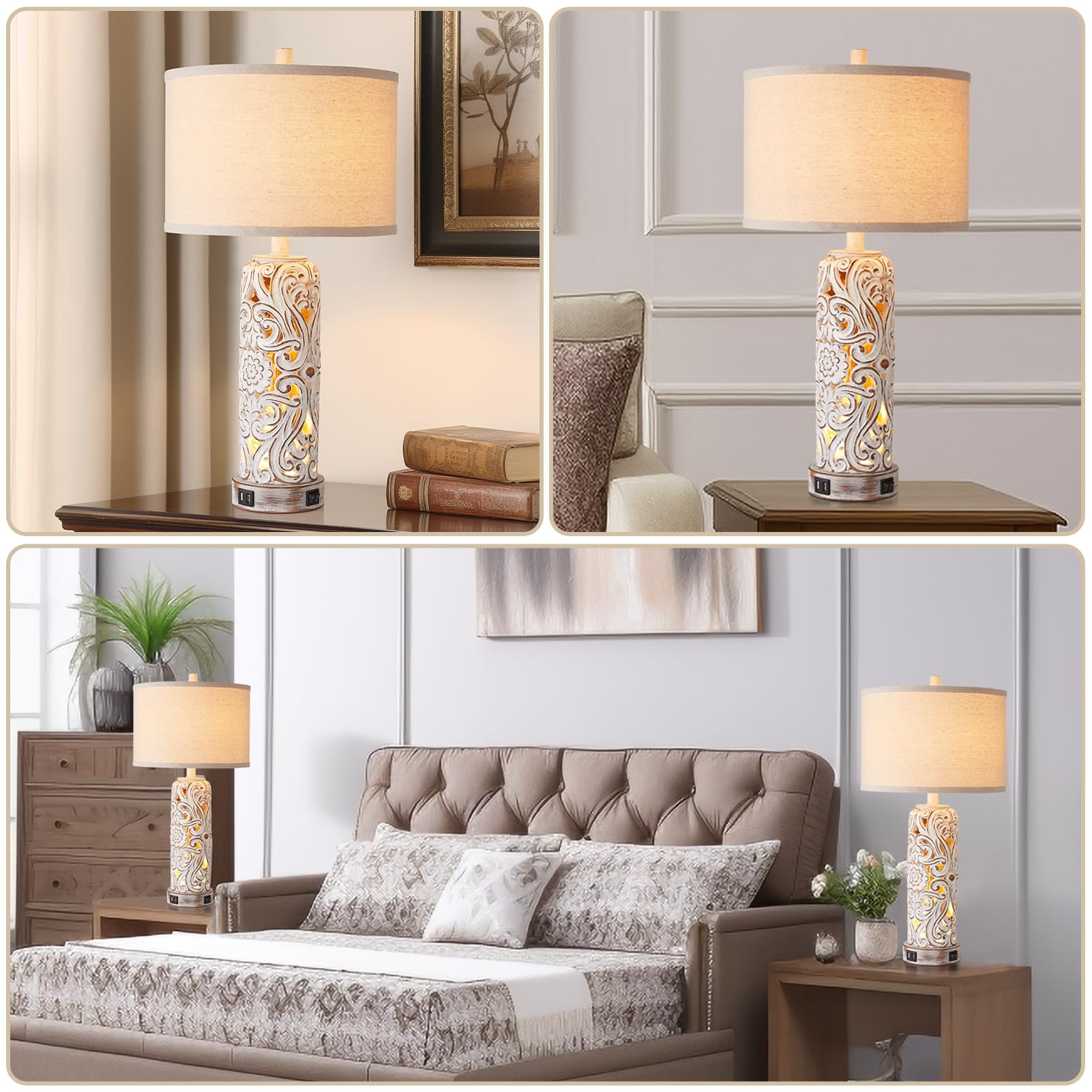 RORIANO Rustic Farmhouse Table Lamps Set of 2, Vintage Resin Nightstand Lamps with Dual USB Port, Antique White, Model LM-08889
