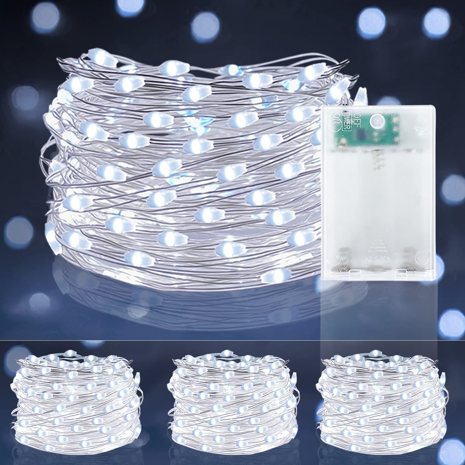 TURNMEON [ Timer 3 Set Fairy Lights, Total 60 LED, Cool White Battery Powered Copper Wire Fairy Lights, Decoration Outside Yard