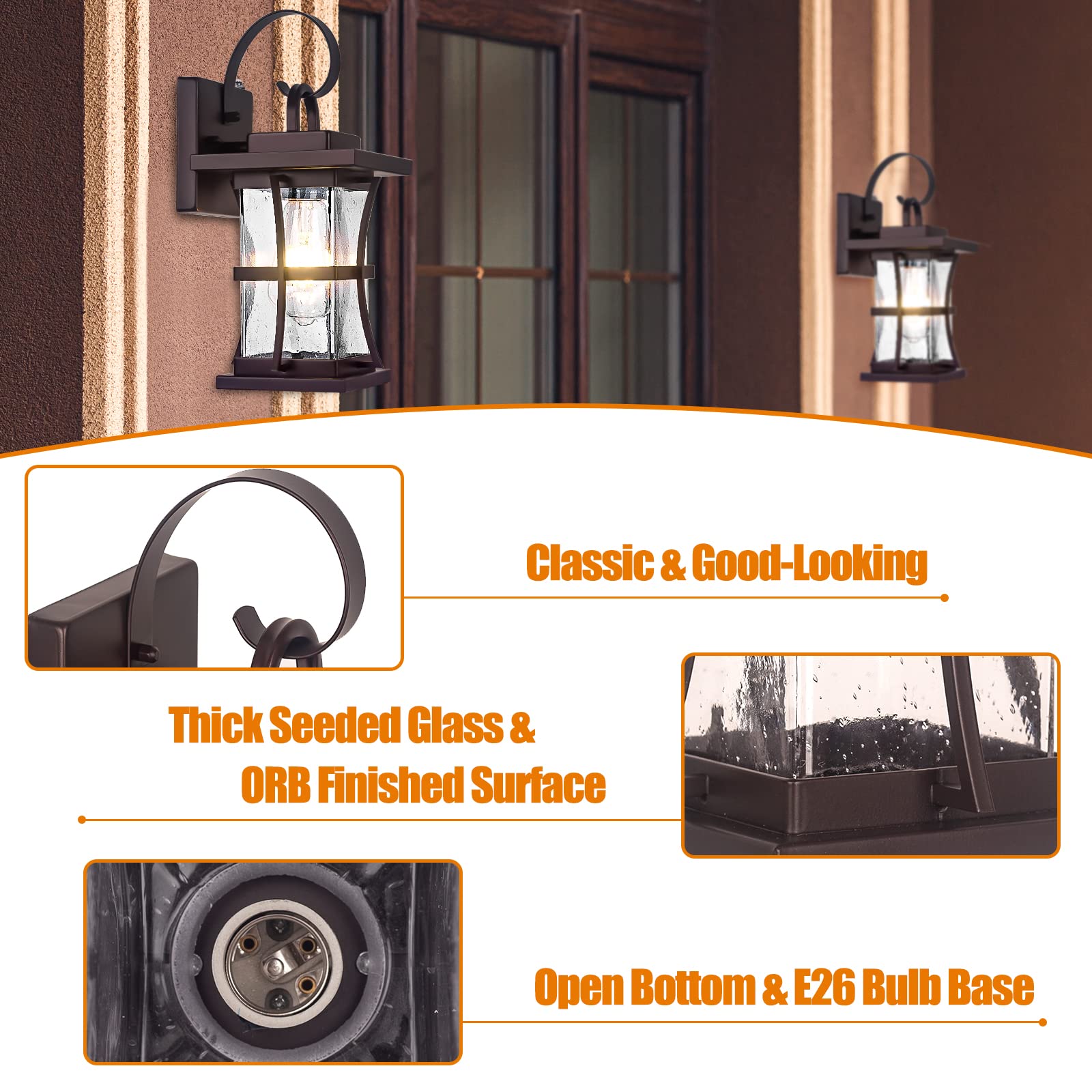 2-Pack Dusk To Dawn Outdoor Lighting - Oil Rubbed Bronze Exterior Porch Light Fixtures Wall Mount, 100% Anti-Rust Brown Outside Wall Sconce, Waterproof Dusk To Dawn Wall Lights For House Garage