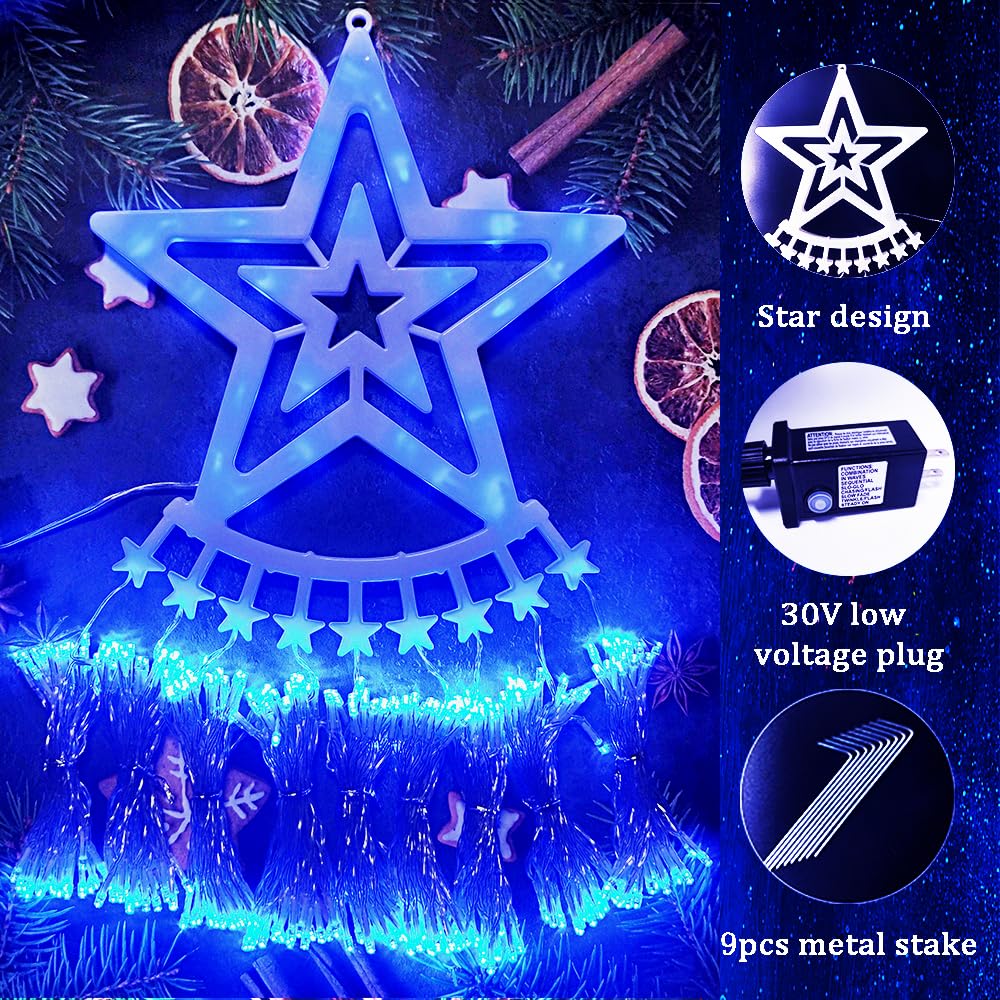 Aokudoni 12.6Ft 350 Led Blue Waterfall Christmas Lights, 8 Modes For Outdoor Decorations
