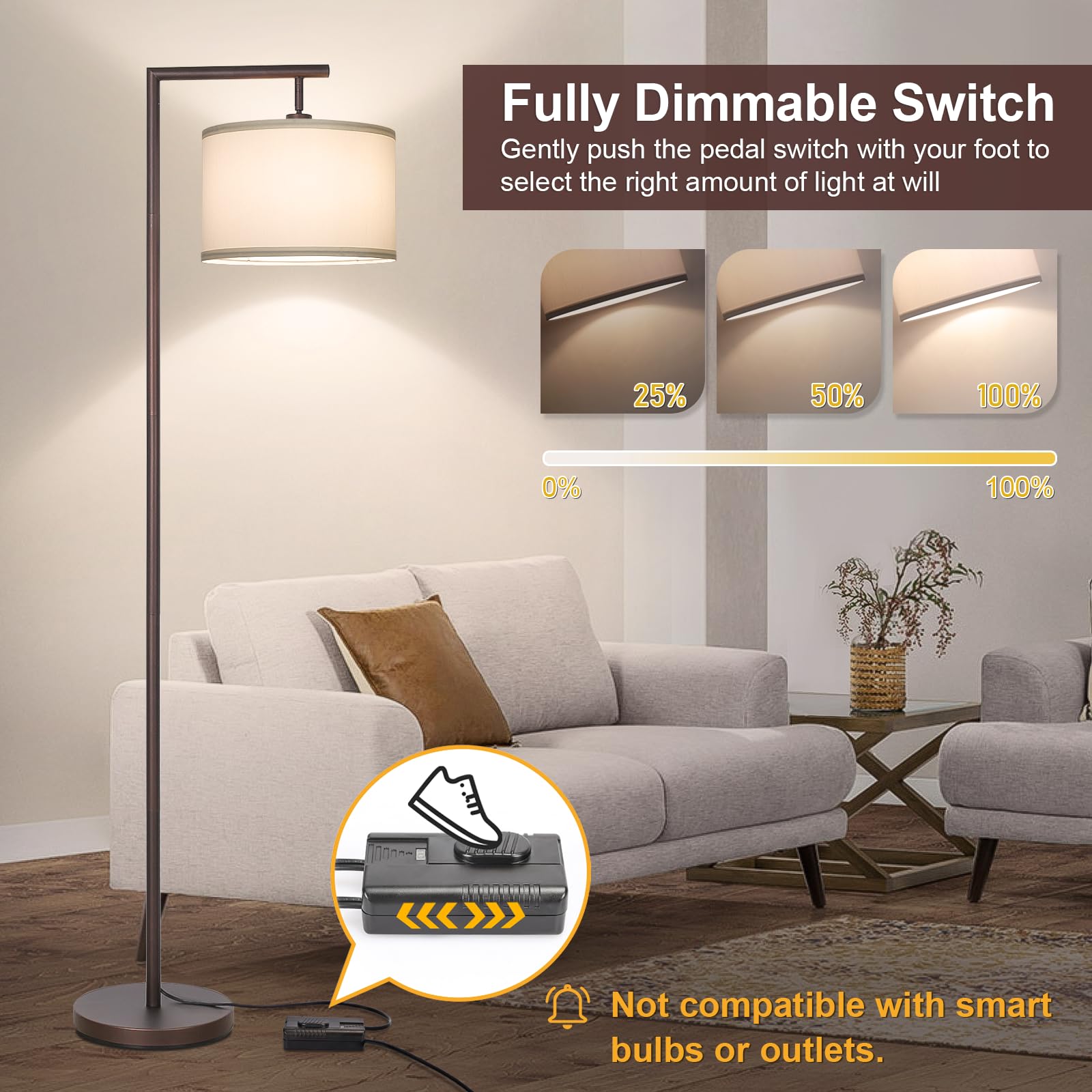 Fully Dimmable Floor Lamp Brown, Arc Floor Lamp For Bedroom With Adjustable Hanging Shade & Foot Switch, Modern Standing Lamp Co