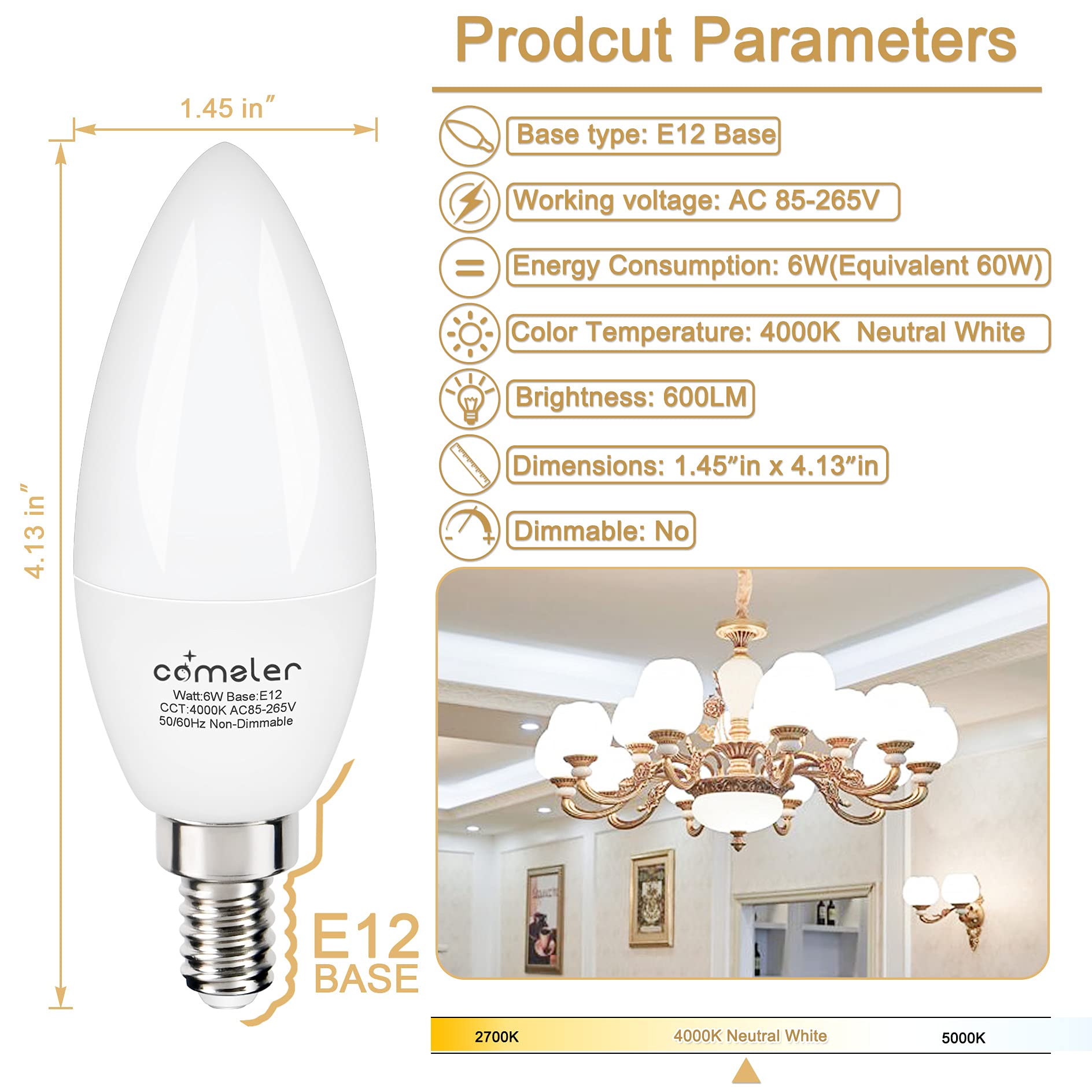Comzler Type B Small Light Bulb, Candelabra Led Light Bulb E12 Small Base 4000K Neutral White - 60Watt Equivalent,600Lm,Non-Dimm