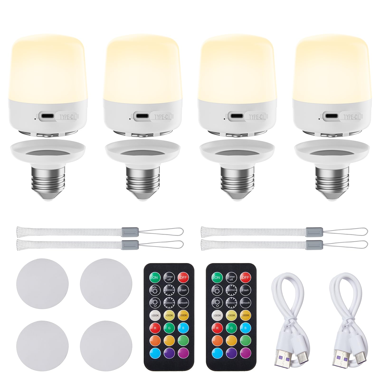 Minetom E26 Rechargeable Light Bulbs, 12 Colors, Dimmable, 4 Pack, Multicolor, ABS Material