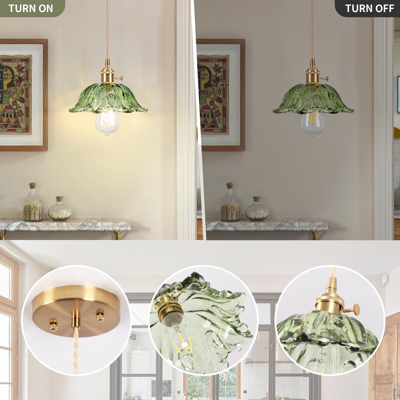 Loiogohot Glass Pendant Light Vintage Light Fixtures,Green Modern Chandelier Pendant,E26 Pendant Lights Kitchen Island,8.7 Inch