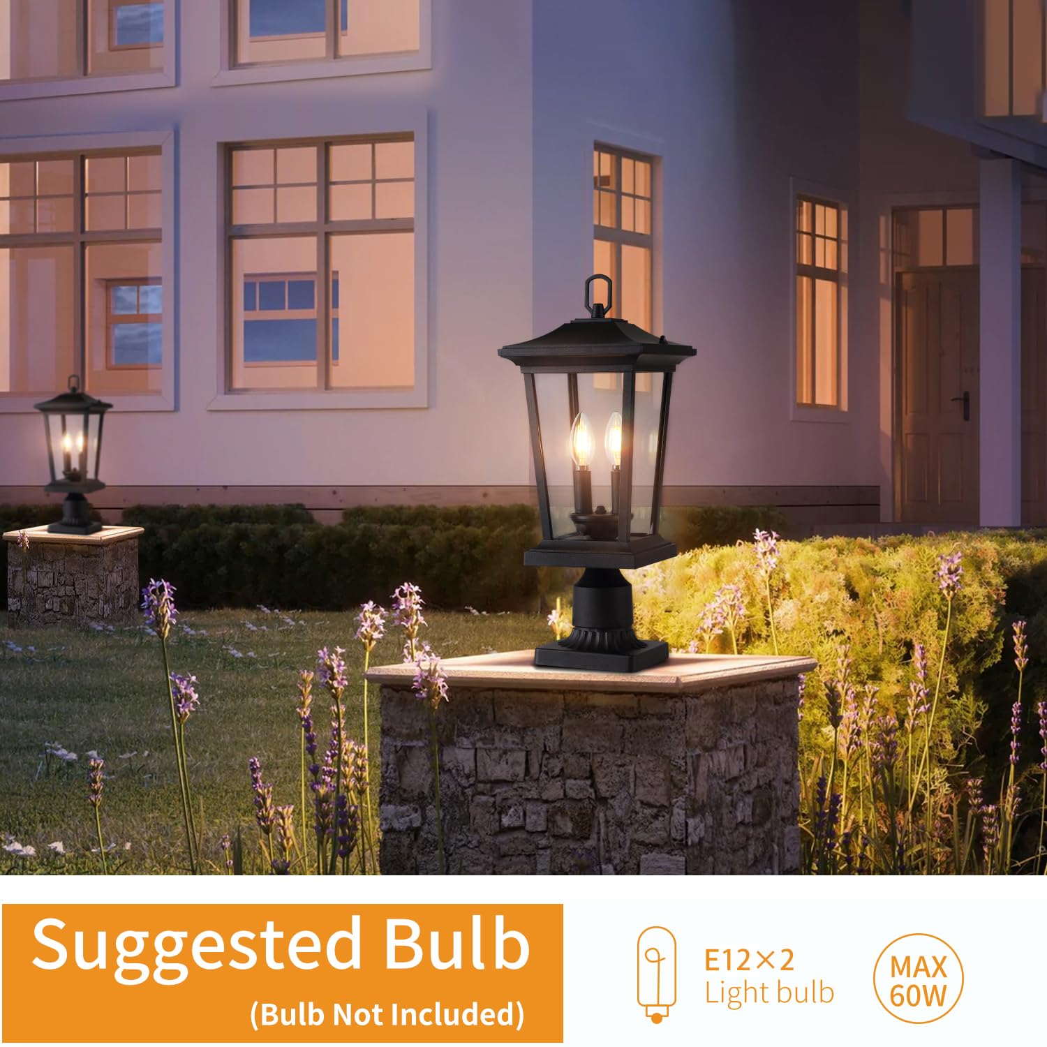 Smeike Outdoor Post Lights  Cast Aluminum Lamp Post Light Fixture  2-Light Pole Mount Light With Clear Glass  Outdoor Pier Mount Light Matte Black Finish