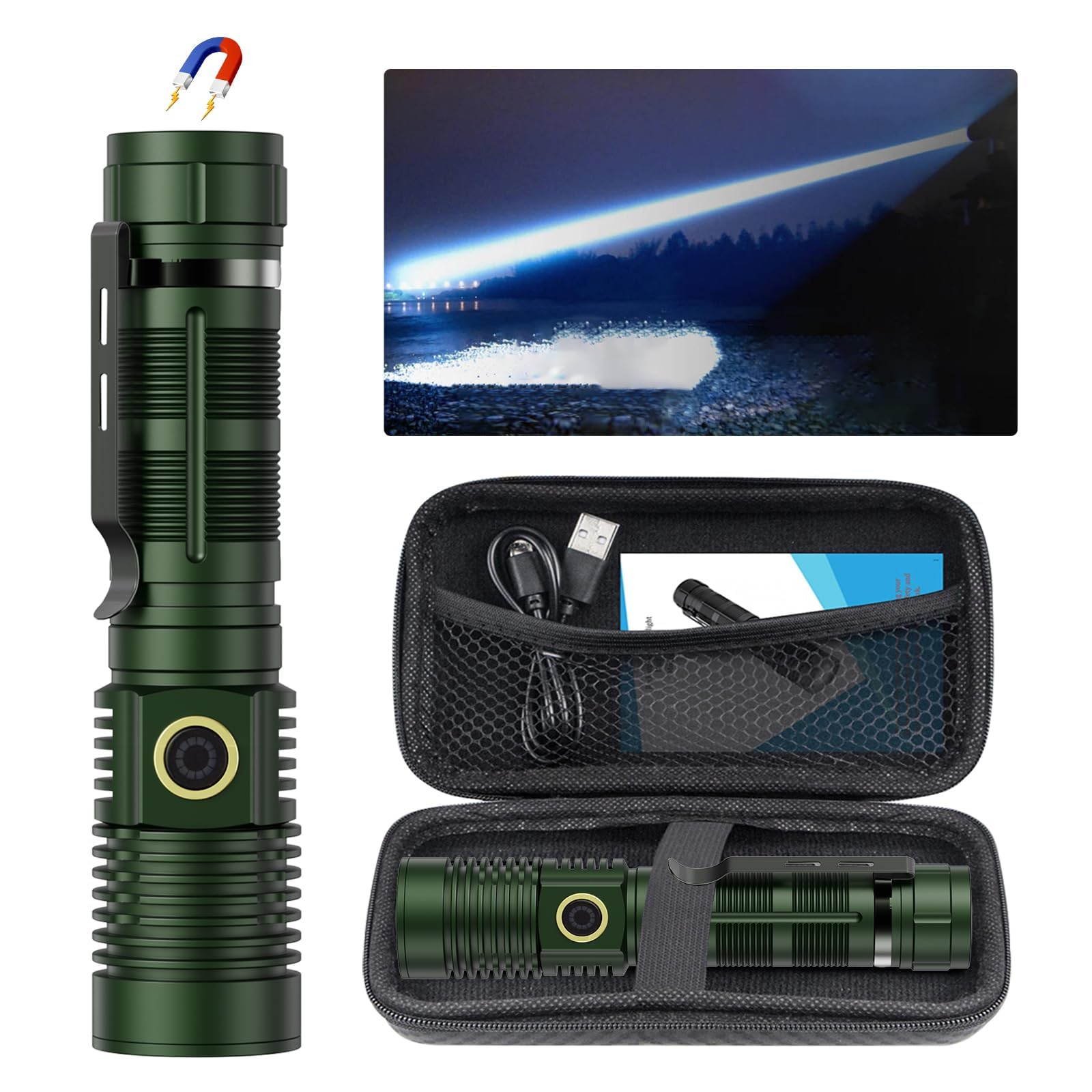Rechargeable Flashlight High Lumens, High Lumens Super Bright Magnetic Flash Light, Long-Range Zoomable Led Flashlights For Emer