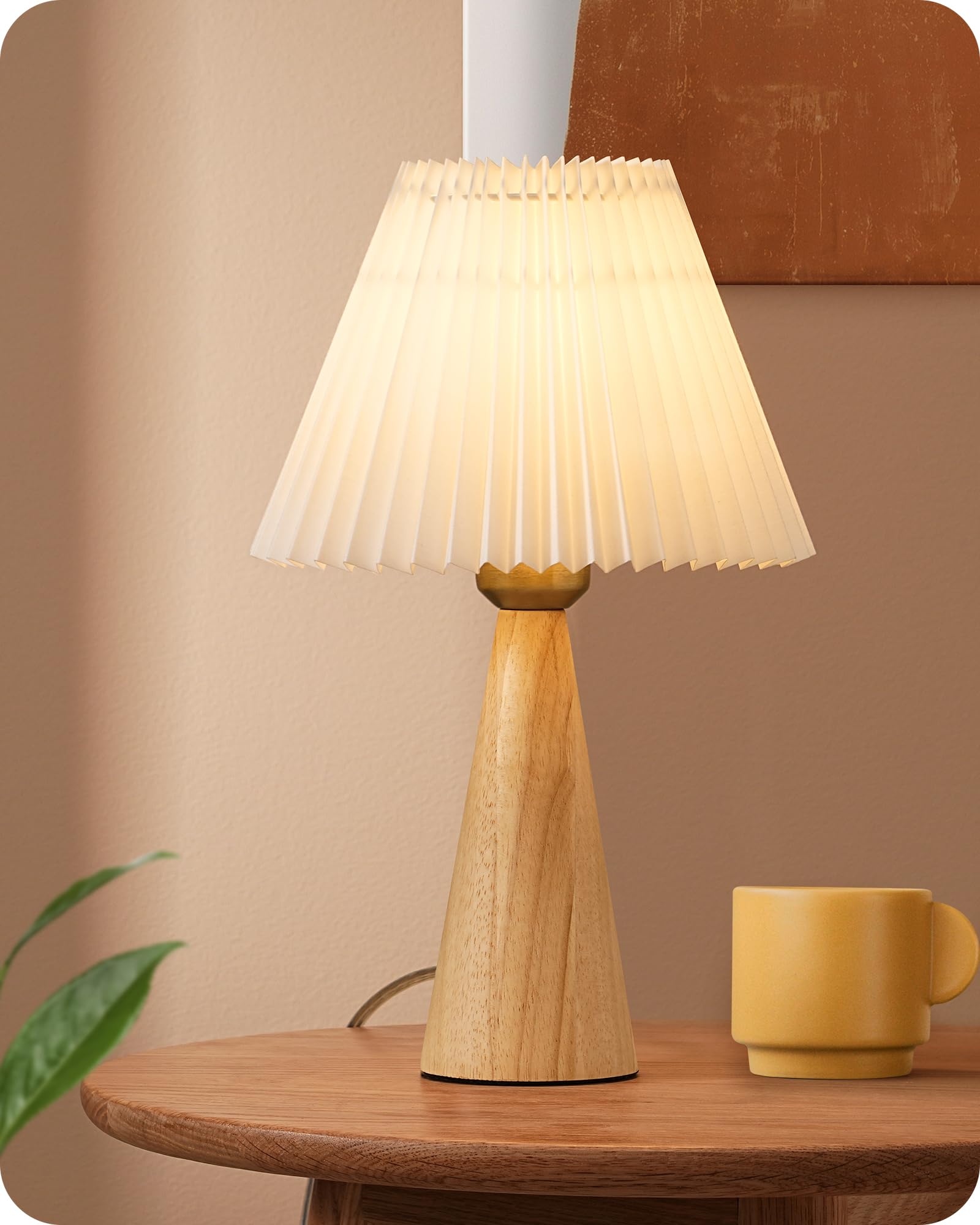 EDISHINE Small Table Lamp, Wooden Base, White Pleated Shade, Space-Saving Design, Burlywood Color, E26, ON-Off Button