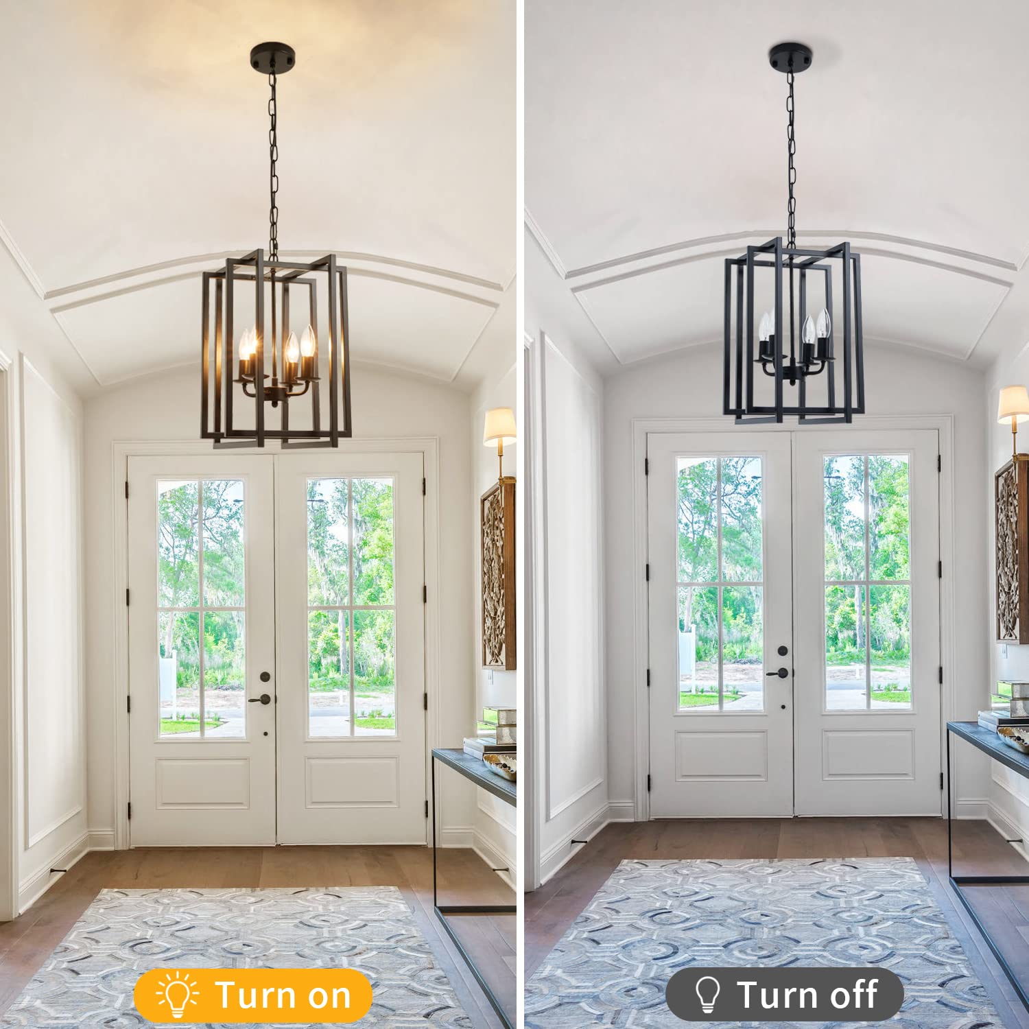 Ejerlya Farmhouse Lantern Chandelier, 4-Light Metal Pendant Light, Adjustable Height, Black Square Cage for Kitchen, Living Room, Hallway