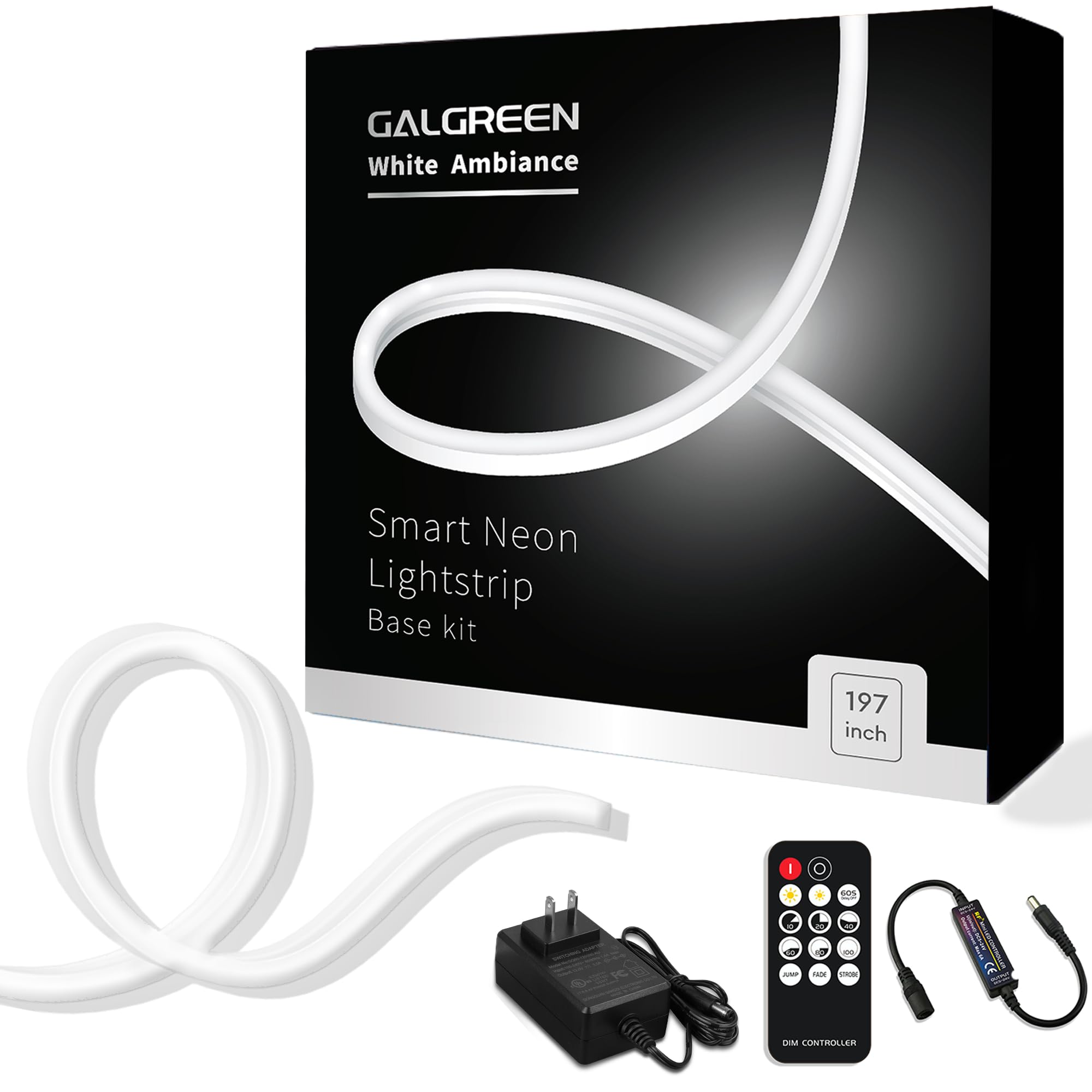 Galgreen Neon Rope Lights, 16.4ft Waterproof LED Strip, Dimmable Remote, White, Silicone Rubber, Model ST-TING-L170