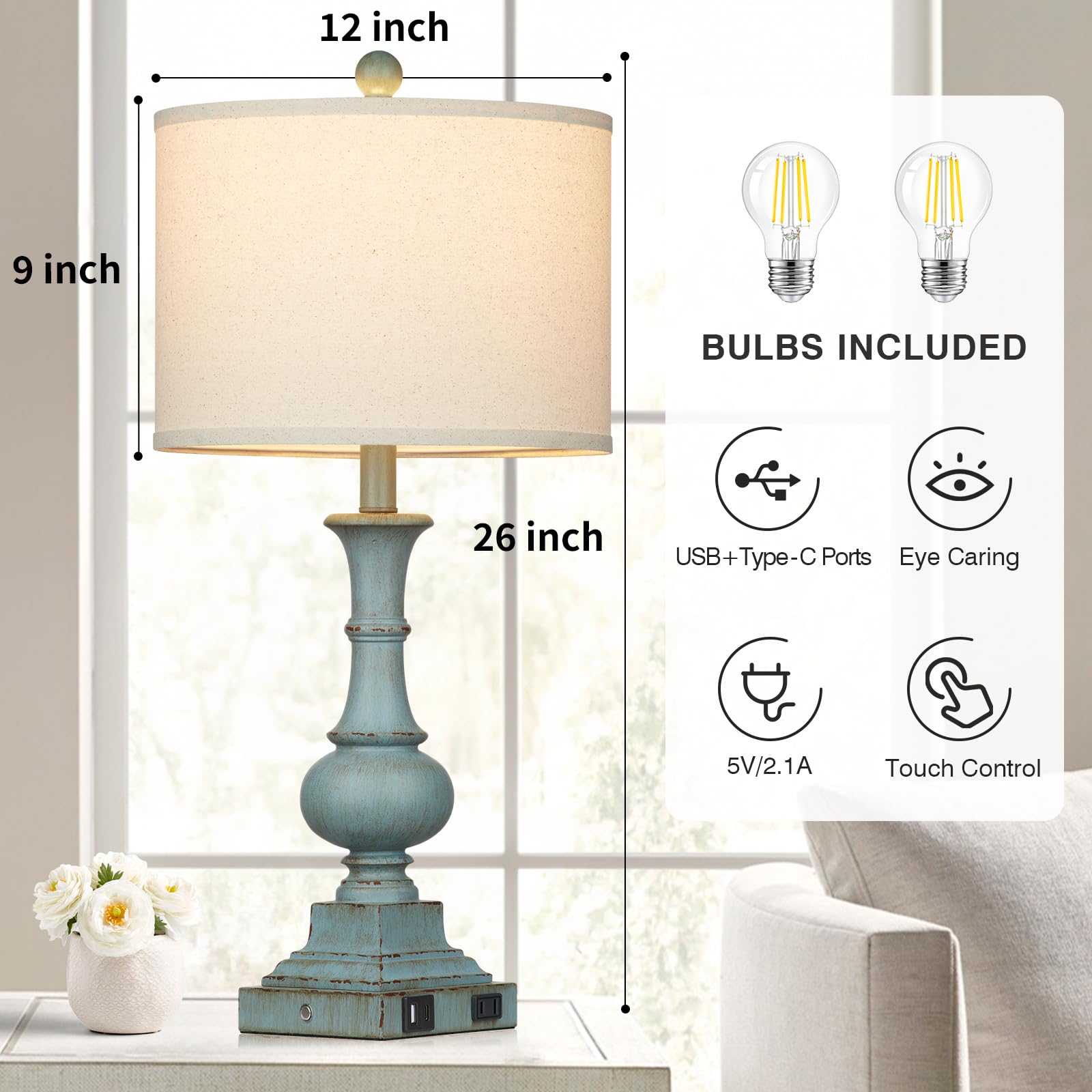 Lolikit Farmhouse Table Lamps Set of 2, 26" Vintage Blue Touch Control Dimmable Bedside Lamp with USB Ports & AC Outlet, LED Bulbs Included