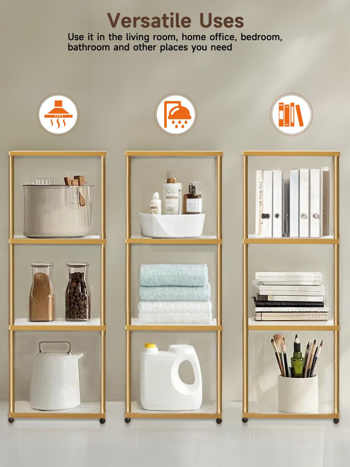 MANBUR LED Display Shelf with 4-Tier Bookcase, Iron, 44inH x 15.7inL x 12.6inW, Gold