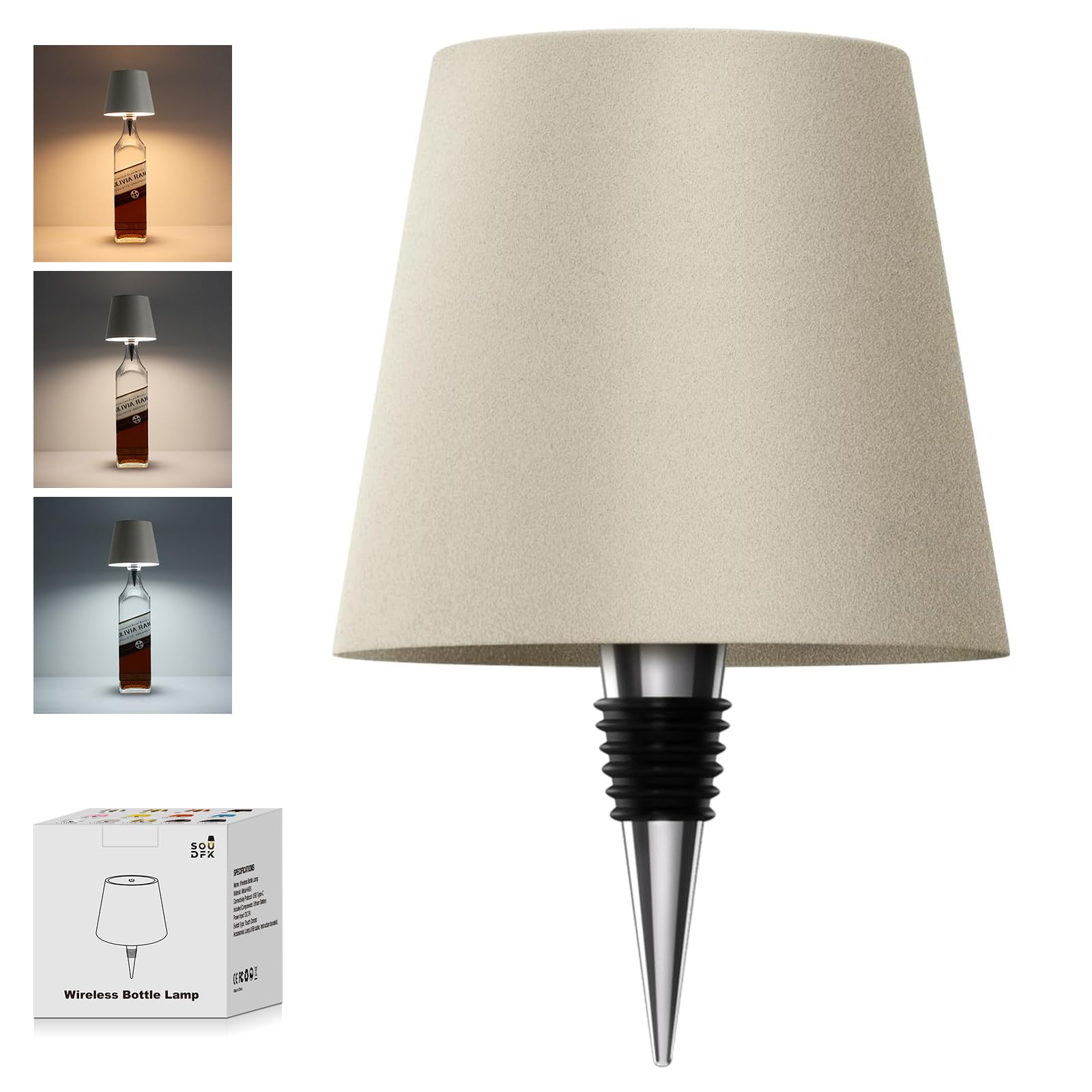 SOUDFK Wireless Bottle Lamp, 2025 New 3 Color Rechargeable Wine Bottle Lights for Bars Restaurants (Gray, 1PC)