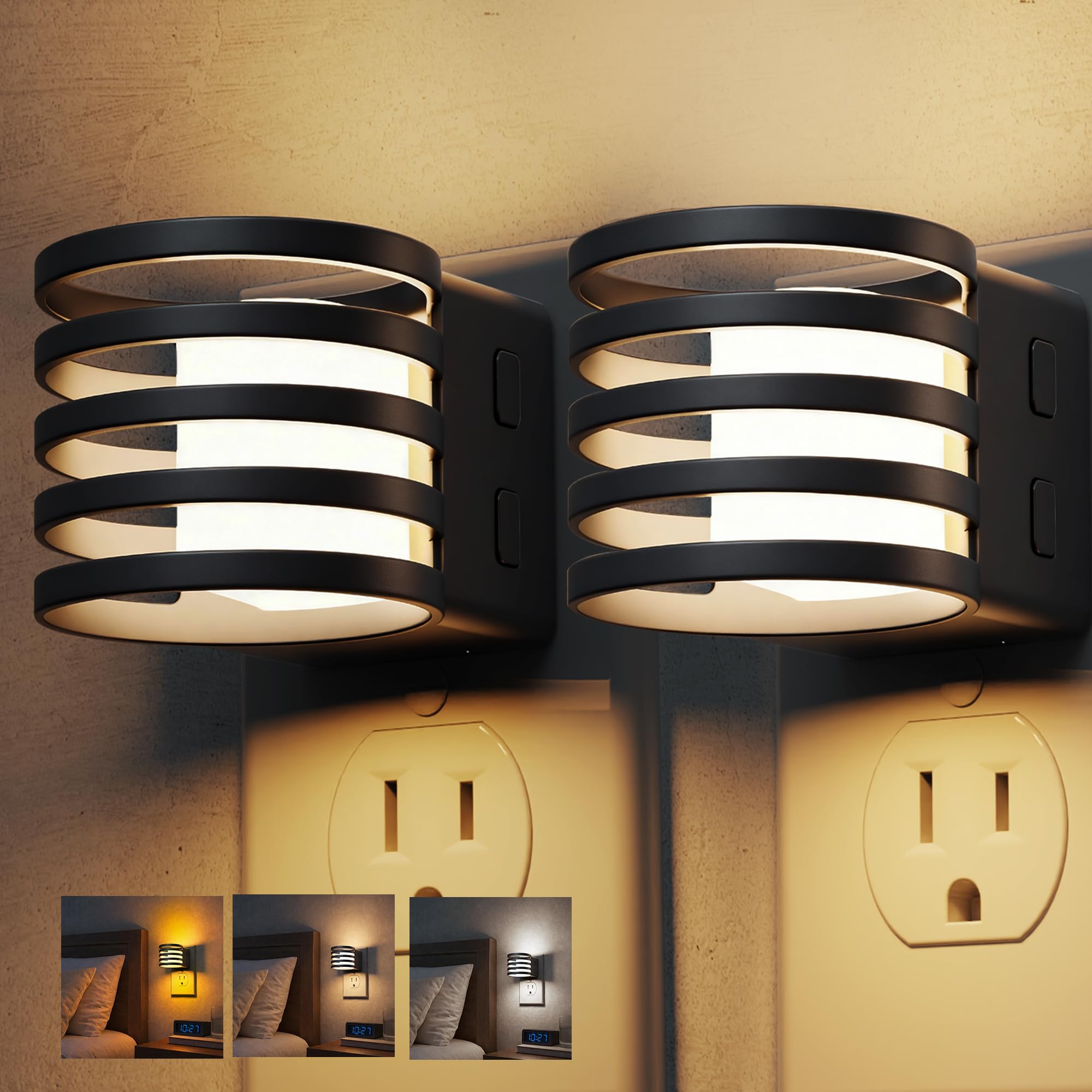 L LOHAS LED Night Light, 2 Pack 3CCT Night Lights Plug into Wall, Amber/3000K/5000K Adjustable Color Temperature Night-Lights, D