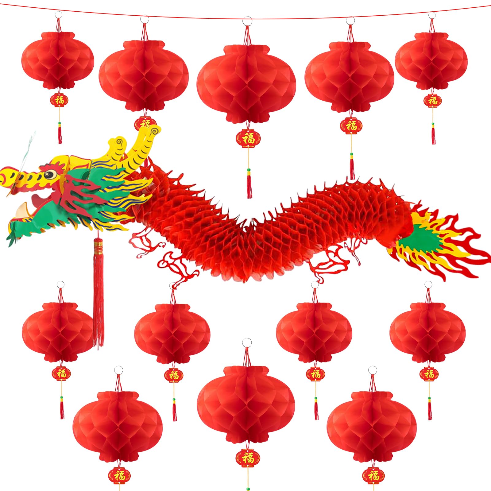 3D Chinese New Year Decorations, Chinese Dragon Decoration With 1 Dragon And 12 Red Plastic Lanterns For Spring Festival Party D
