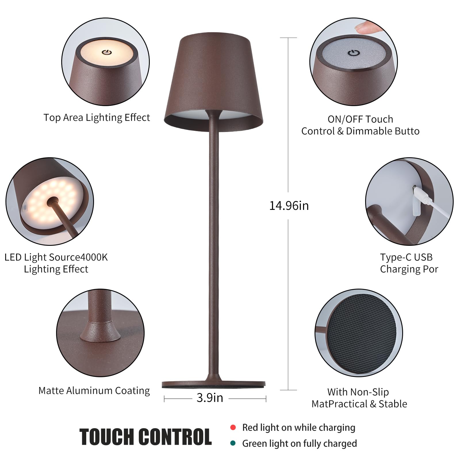 BGFHome Cordless LED Desk Lamp, 5000mAh Rechargeable, Touch Night Light, Brown, 2-Pack for Restaurant, Bedroom, Outdoor Use