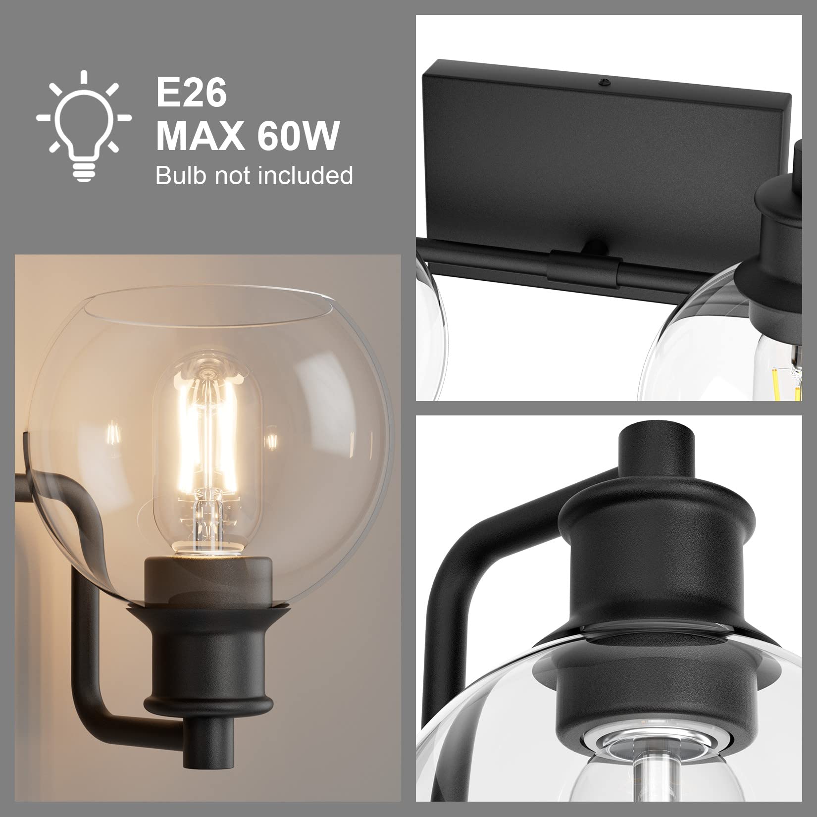 Tipace Black 2-Light Industrial Bathroom Vanity Light Fixture With Clear Glass Globe Sconces