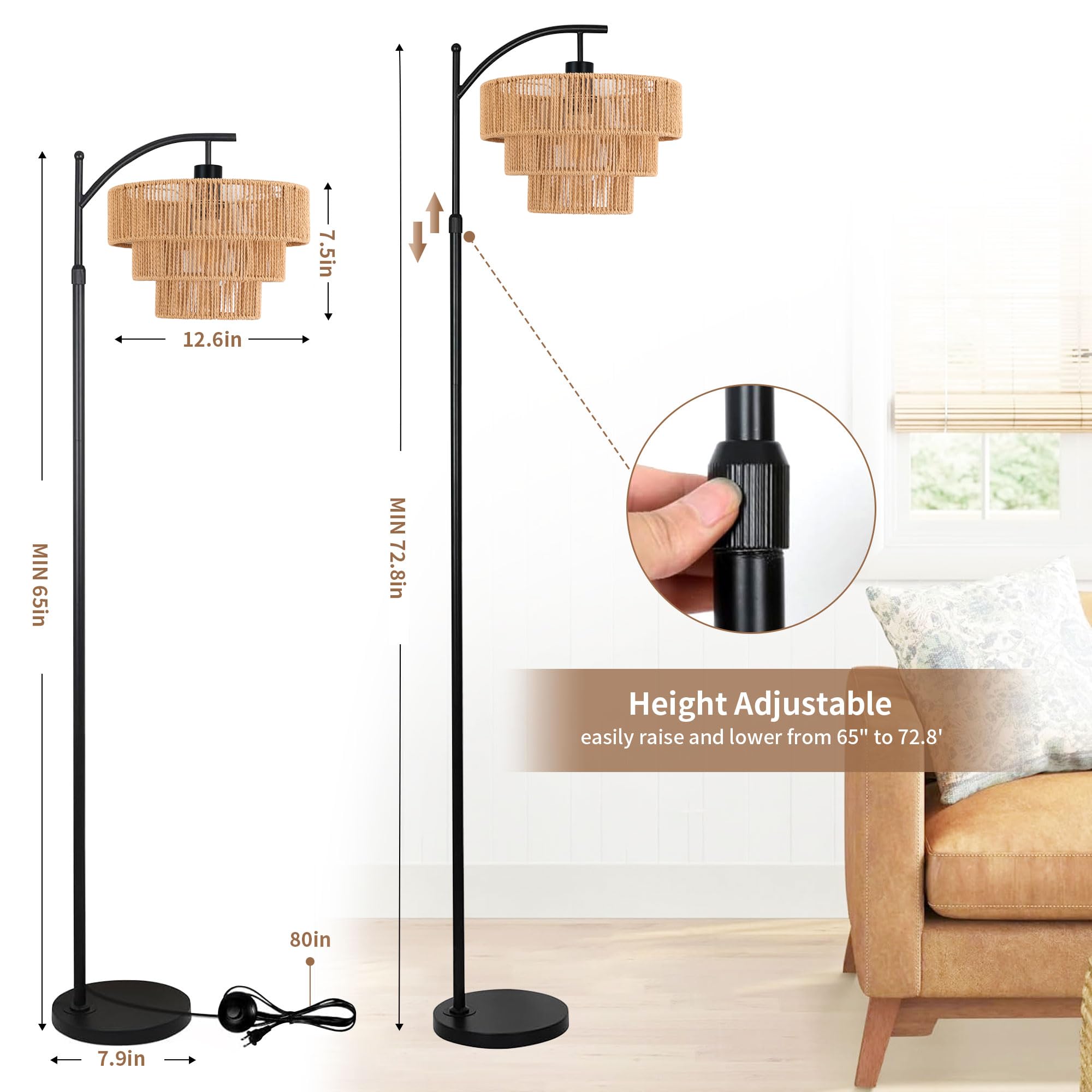 Boho Floor Lamp For Living Room Bedroom With Remote,Arc Farmhouse Floor Lamps With 3 Color Temperature,Rustic Standing Lamp With