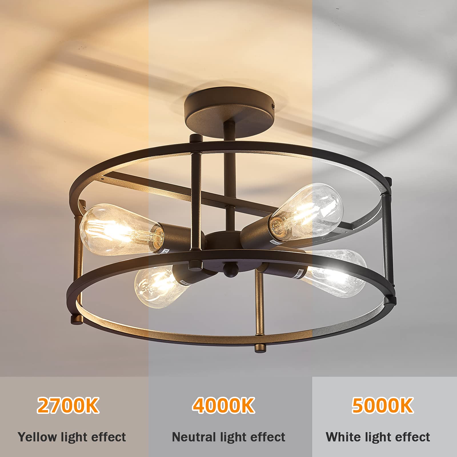 Hesoge Industrial Semi Flush Mount Ceiling Light,4 Light Rustic Metal Ceiling Light Fixture,Black Farmhouse Chandelier For Kitch