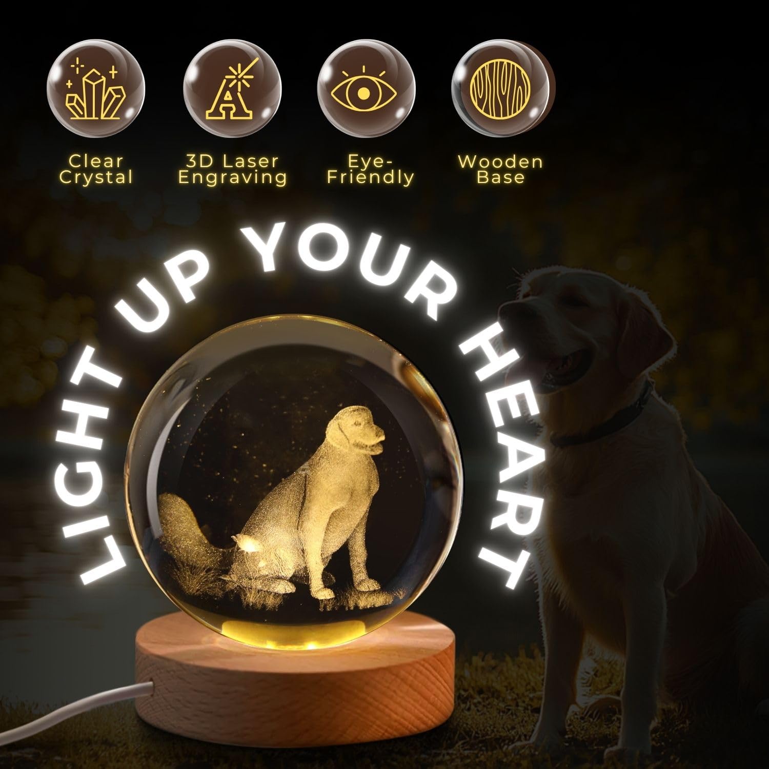 Flexzion 3D Dog Crystal Ball Night Light - Led Light Hologram Glass Lamp W/Solid Wood Base  Usb Powered Crystal Ball Lamp W/Adjustable Brightness For Home Decor Display Gift  3.15 Inch (80Mm)