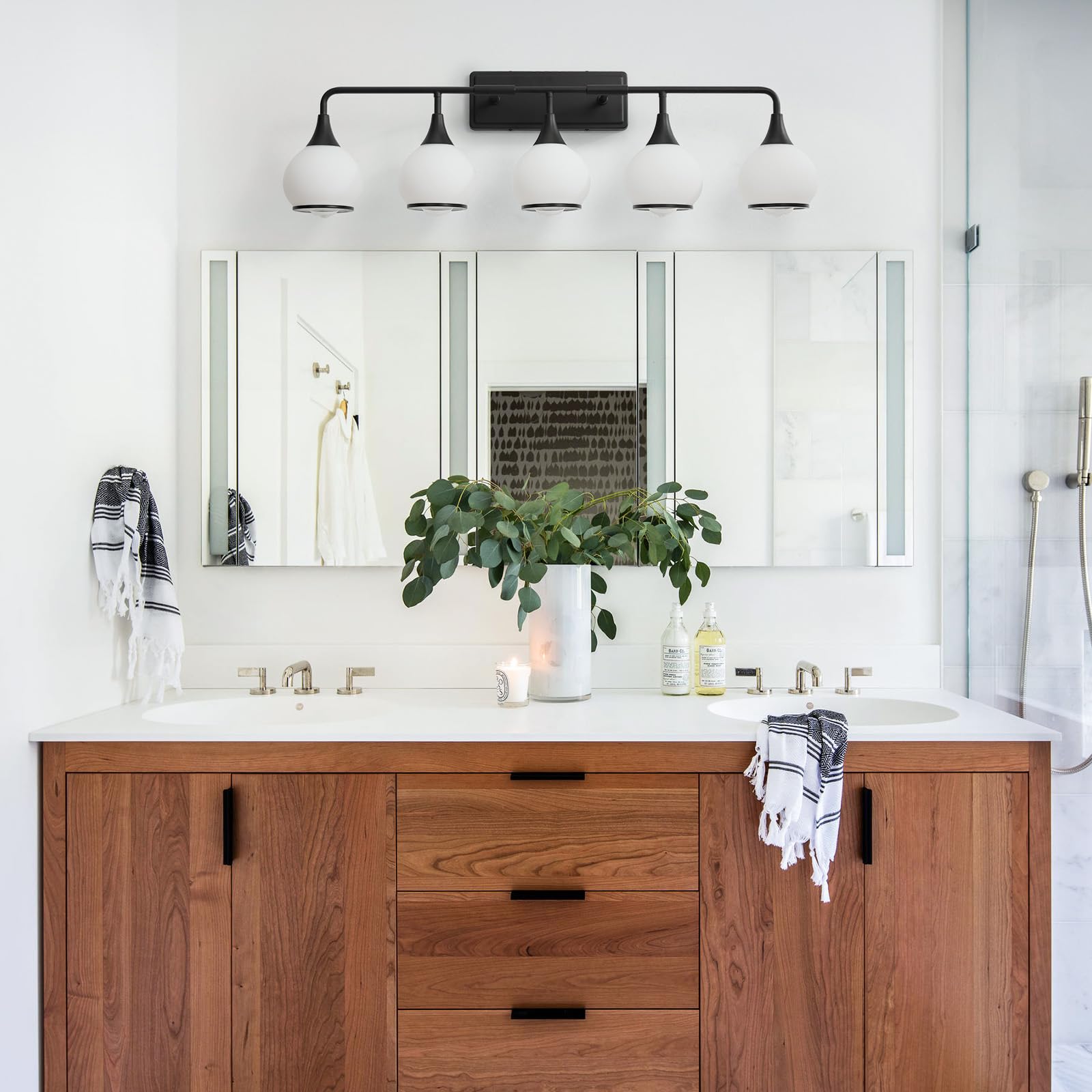 HAHZT 5-Light Black Bathroom Vanity Light Fixture with Milky White Frosted Glass Shade, Model 8033ML, 39.2 Inch Wall Sconce