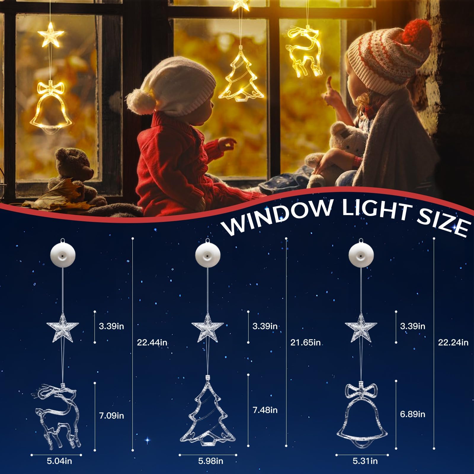 Suddus Christmas Window Lights Decorations, 3Pcs Tree-Jingle Bell-Deer Shaped Xmas Lights Battery Powered With Suction Cups & Timer, Hanging String Lights Indoor For Tree, Fireplace, Warm White