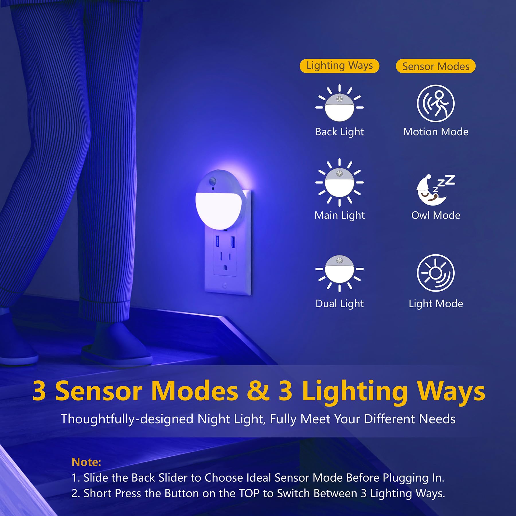 Yunlex 2 Pack Plug In Night Light With Motion Sensor And Dusk To Dawn Sensor, Stepless Dimming, Blue Led Nightlight With 3 Light
