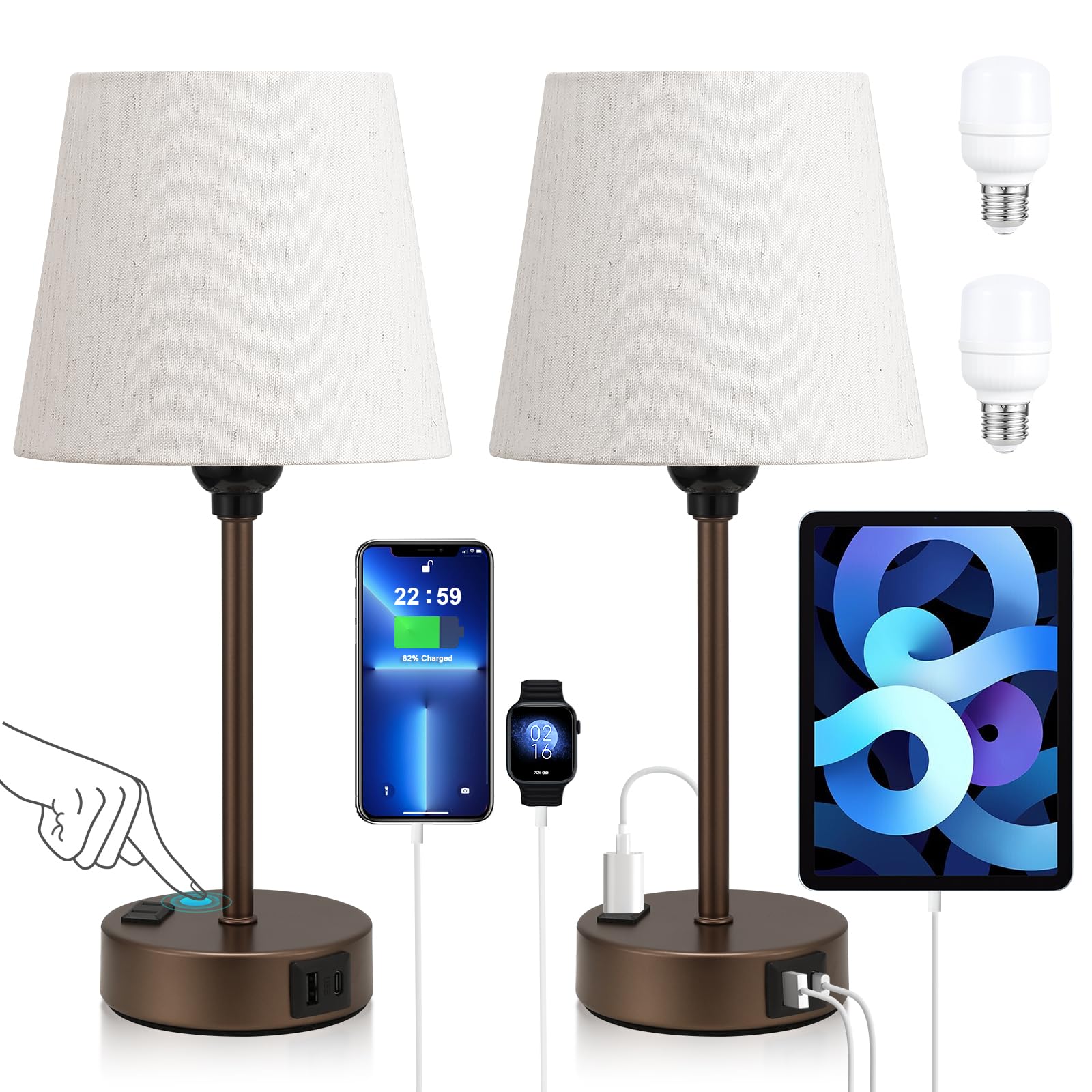 Acaxin Brown Bedside Lamps For Bedrooms Set Of 2 - Nightstand Bedroom Lamp With Usb C Port And Ac Outlet Charging, 3 Way Dimmabl