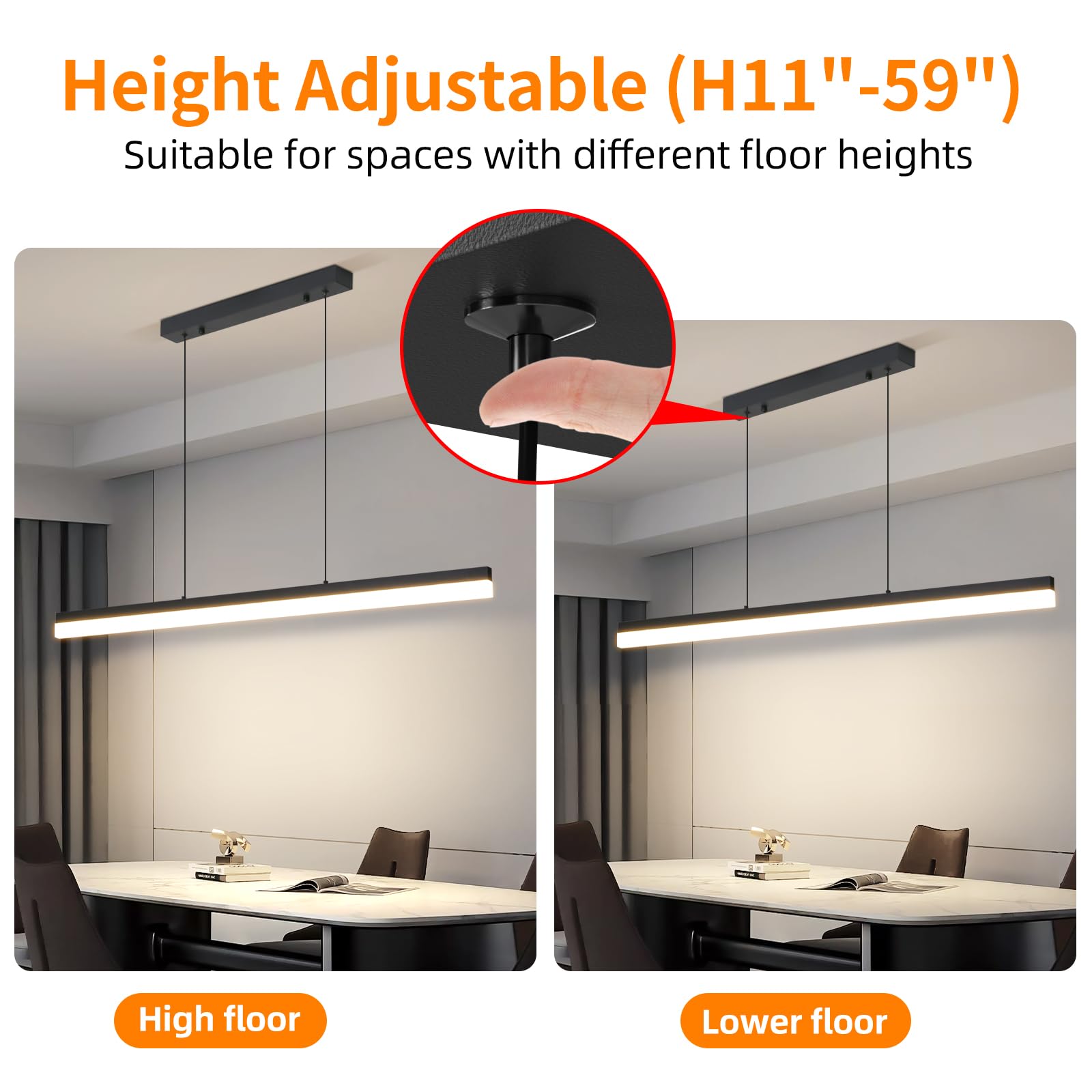 Mikeru Modern Linear Pendant Light, 59IN Aluminum Chandelier, Remote Control, Adjustable Color Temperature, B-Black