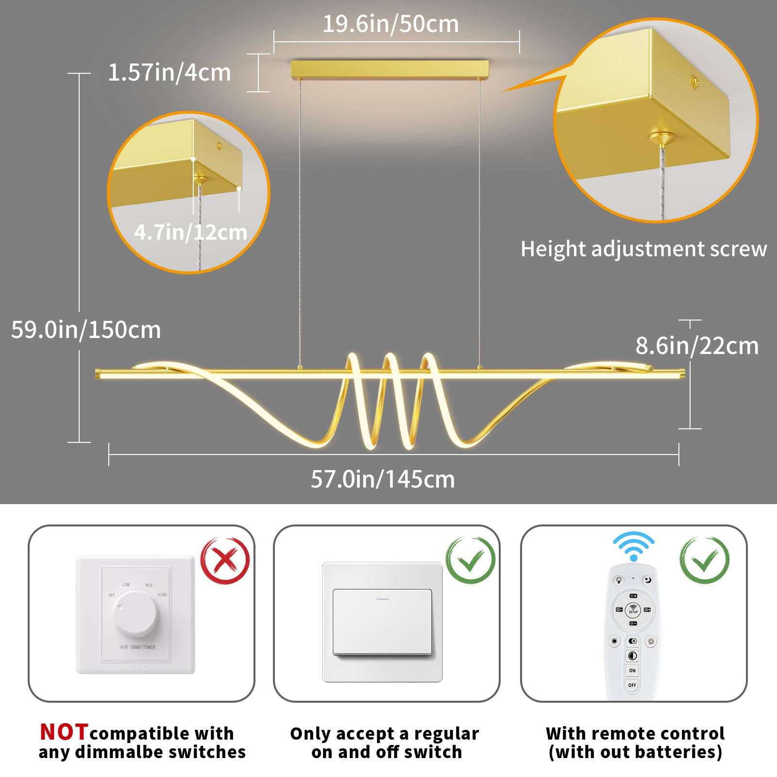 Lannlker Modern Led Pendant Lights, 57In Gold Chandelier Dimmable With Remote Control 3000K-6000K Adjustable Color Temperature,