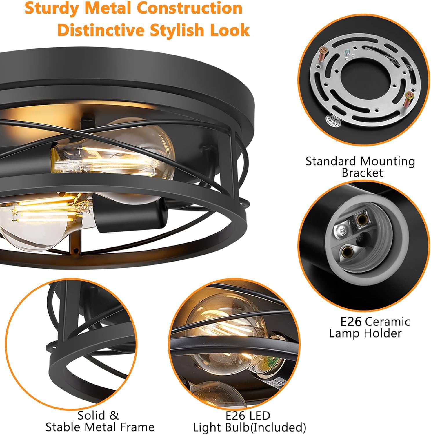 Feanron 2-Pack Farmhouse Black Flush Mount Ceiling Light, Vintage Metal Cage Design, A19 Led Bulbs