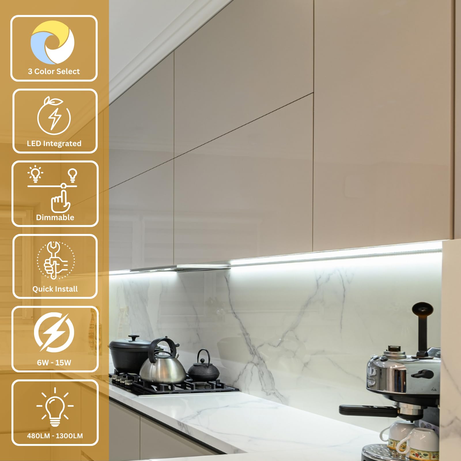 HOMEnhancements 6-Inch Dimmable Under Cabinet LED Light, Hardwired, Color Selectable - Soft White/Bright White/Daylight White, White Finish