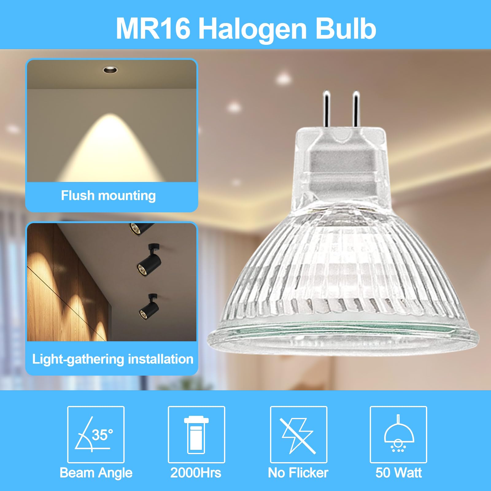 Weshlmpo Mr16 Halogen Light Bulb 2 Pin 50W 12V, High Output Gu5.3 Base For Landscape Lights, Track Lights, Fiber Optics, Desk La