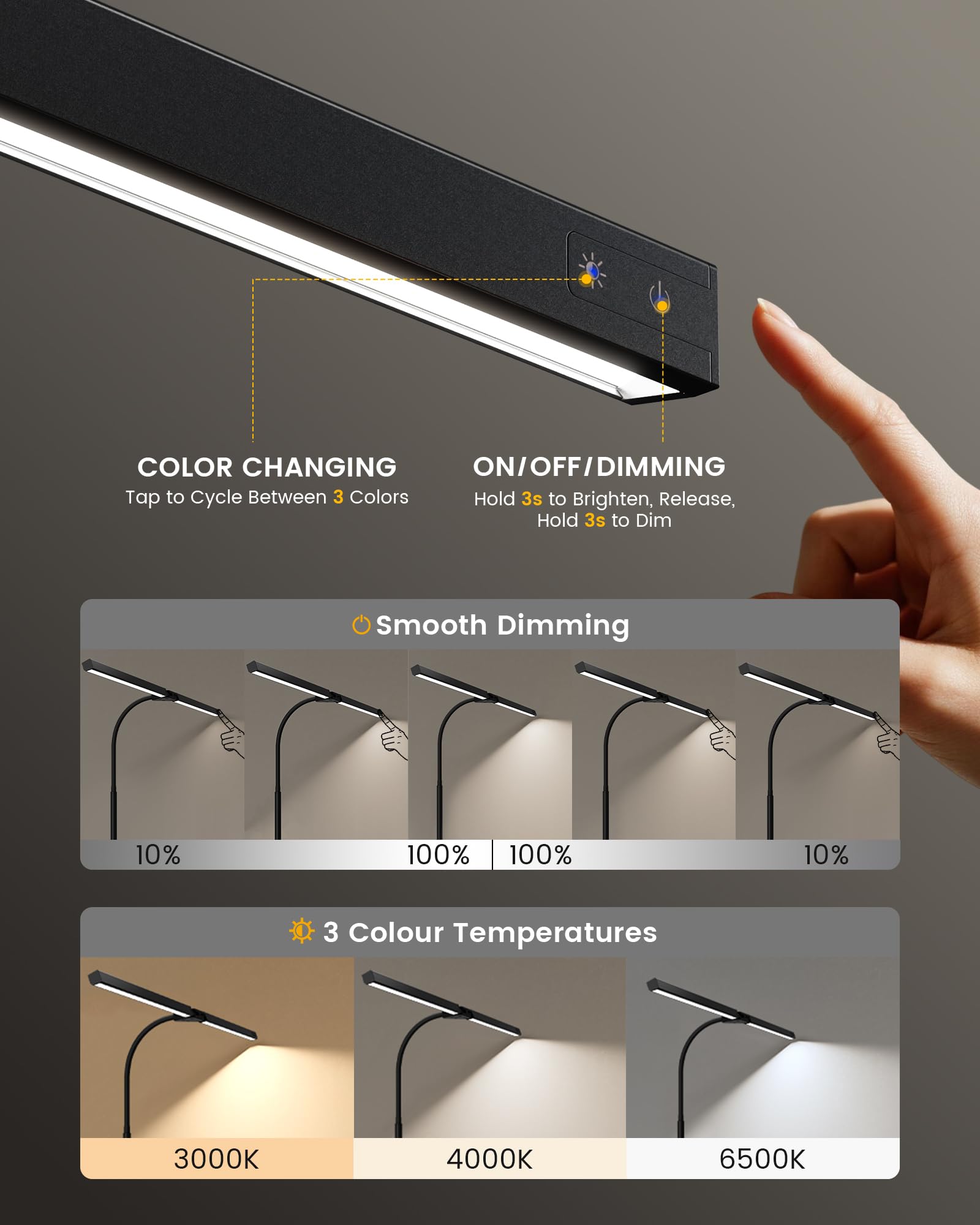 ONLYWIN LED Desk Lamp with Clamp, Adjustable Gooseneck, 3 Color Modes, Black, Model SDDL007, Medium Size