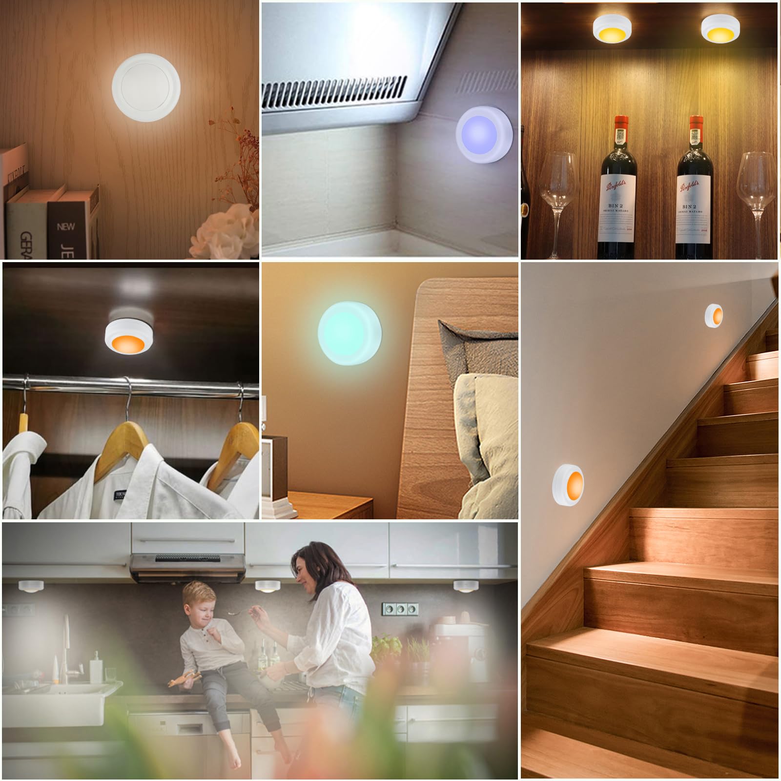 Yiliaw LED Puck Lights, Remote Control, 16 Color Changeable, 12 Packs, White, Battery Operated, for Closet, Bedroom, Kitchen