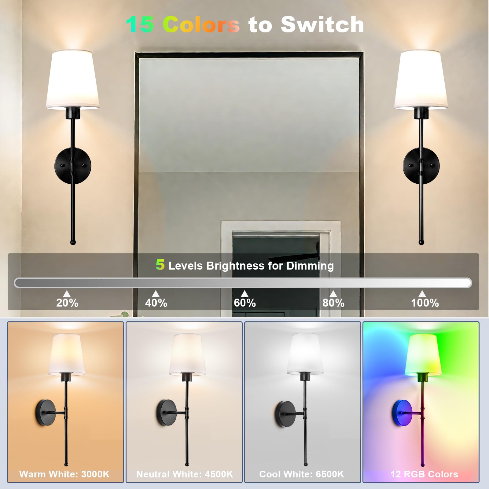 Depuley Wall Sconce Set of 2, Rechargeable, Dimmable Bulb, 24 Inch, Black, E26 Base, Wireless, 15 Colors