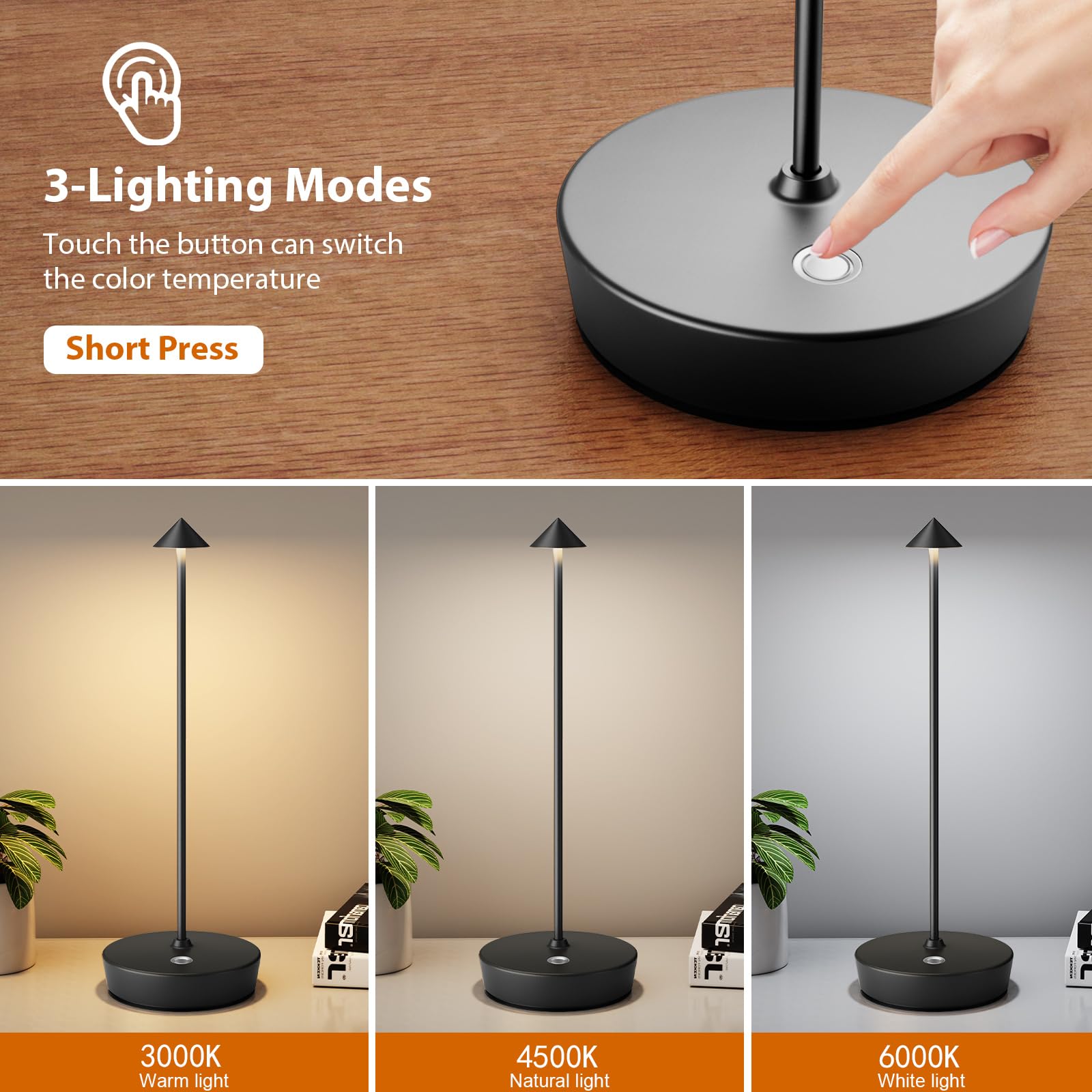 YIBEN Rechargeable Cordless Table Lamp, 6000mAh Battery, 3 Levels Brightness, 4.3 x 4.3 x 12.8 inches, 2
