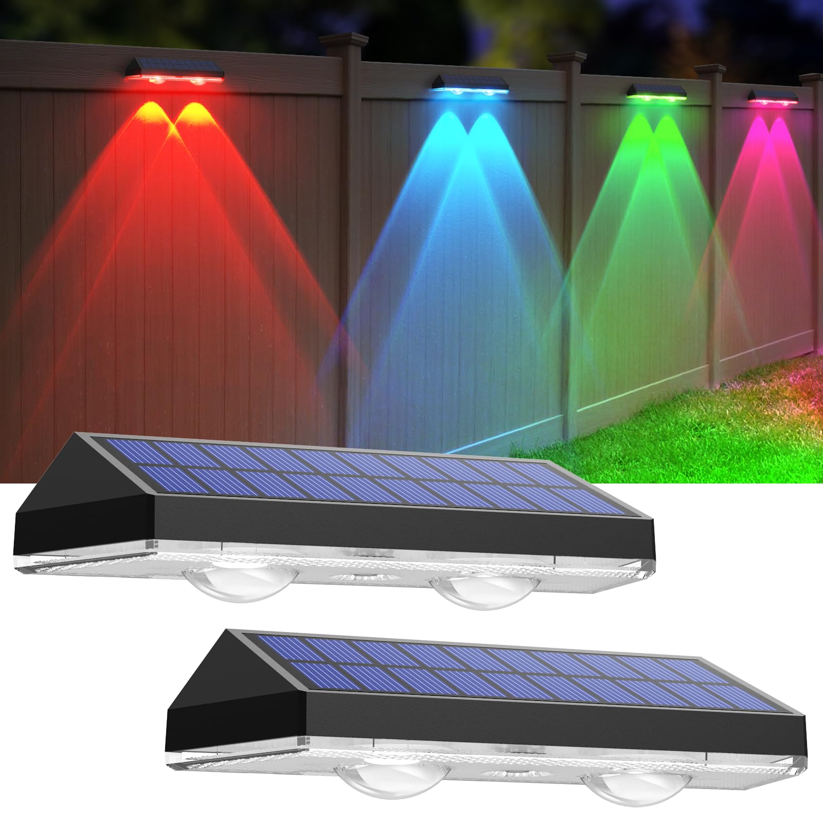 LIANGLOME Solar Fence Lights, 2PK Warm White & RGB, Plastic, Model 2301-2PK-CW