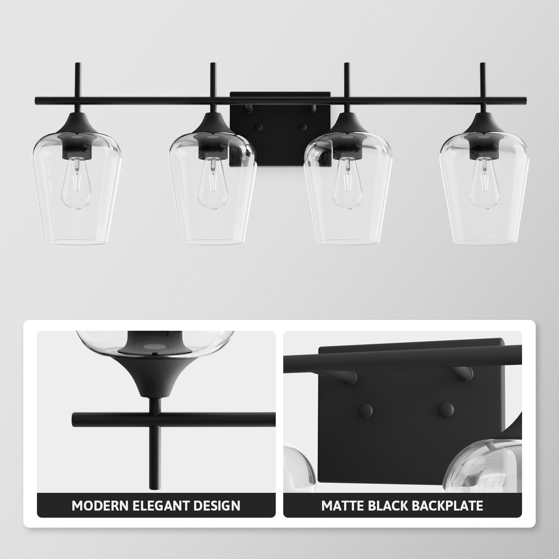 VONLUCE 4-Light Bathroom Vanity Light Fixture, Matte Black, Clear Glass, Model COZHCF280400NI